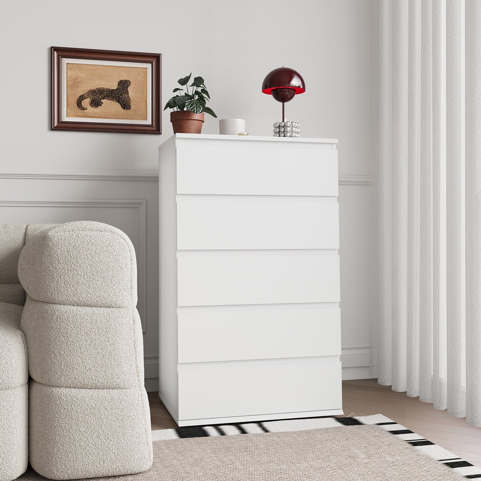 White Wood 5 Drawer Dresser Modern Chest for Bedroom and Living Room