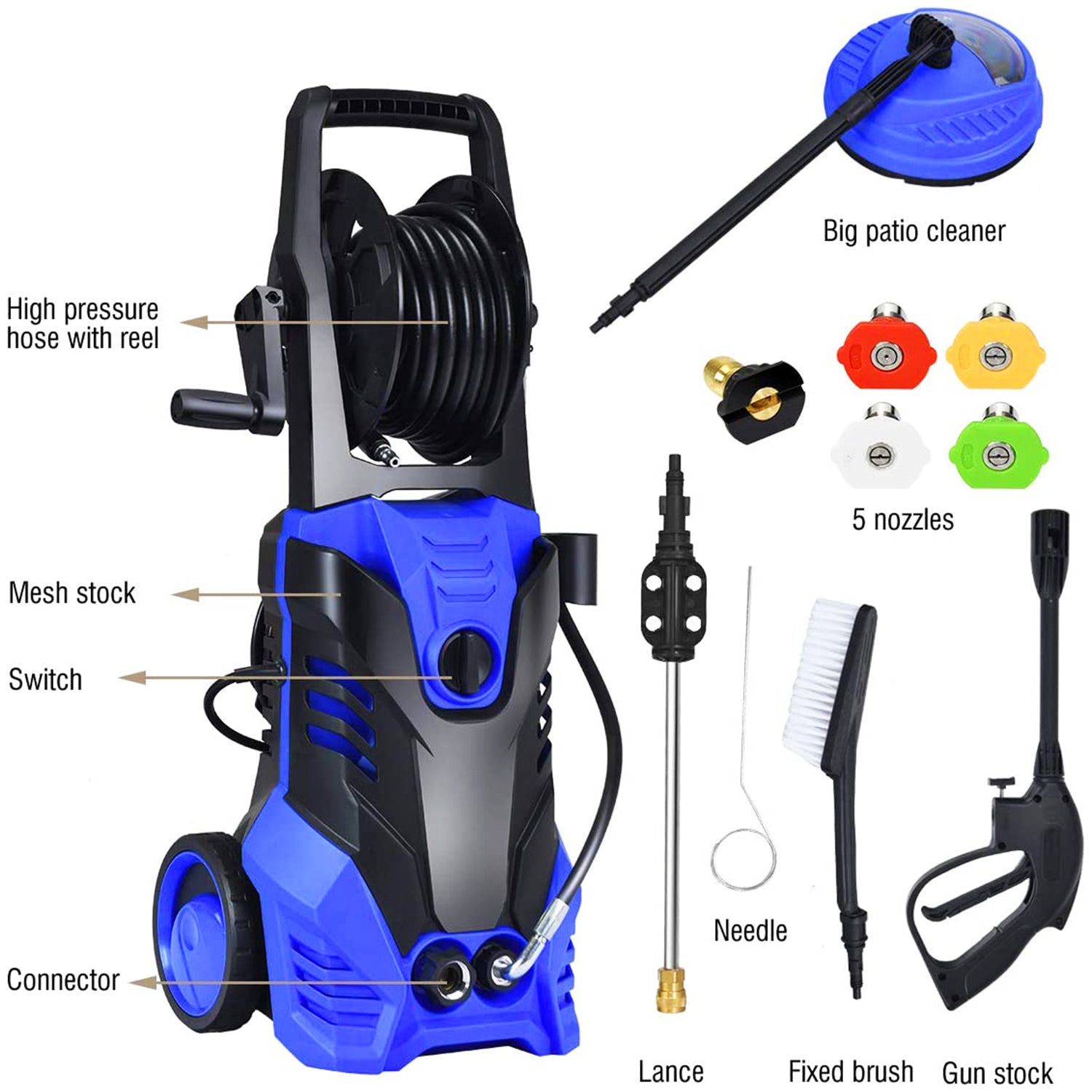 1550W 2.0 GPM Electric Pressure Washer with a Gun and 4 Nozzles
