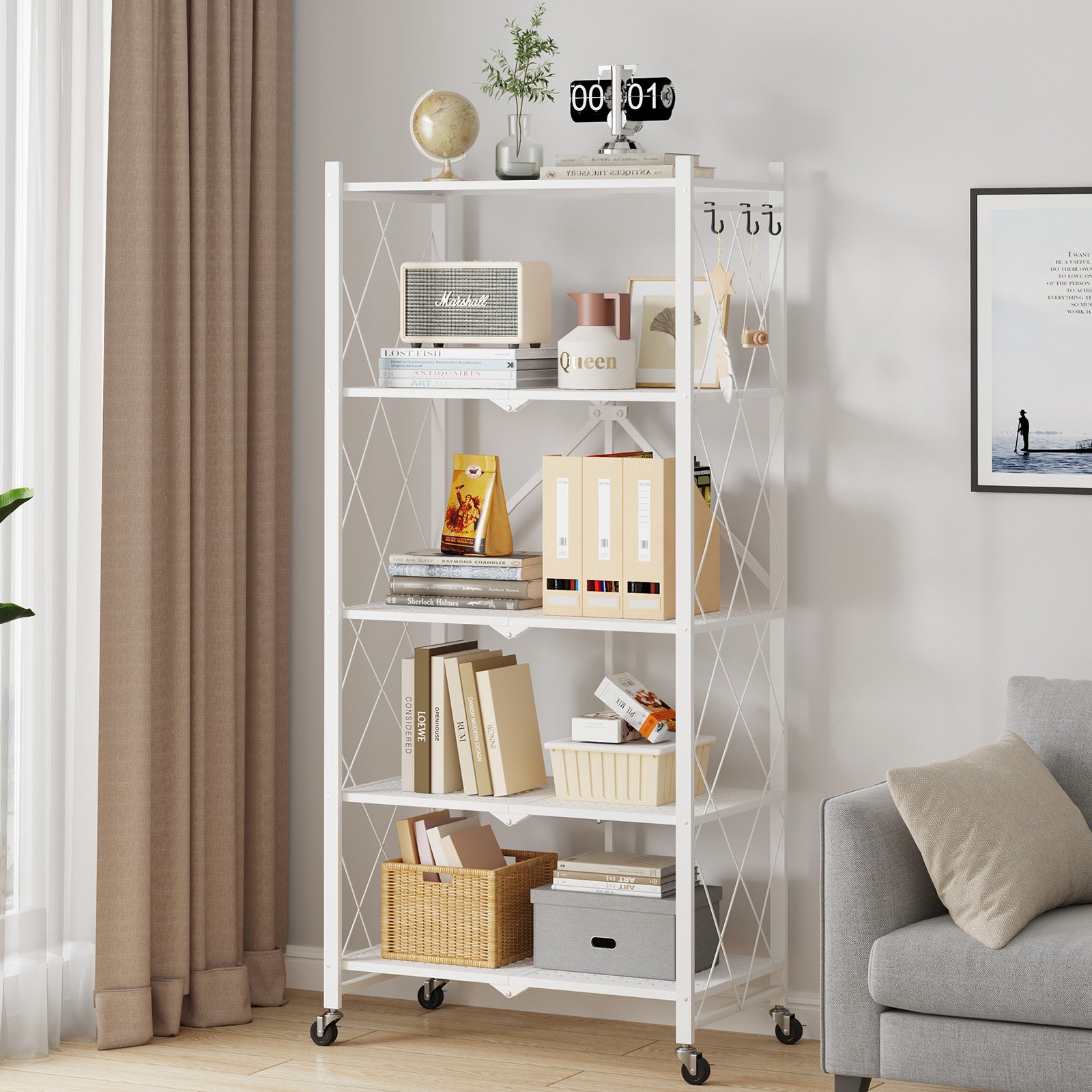 SUGIFT 5-Tier Folding Storage Shelves Metal Folding Shelves with Wheels, 750Lbs Capacity, White