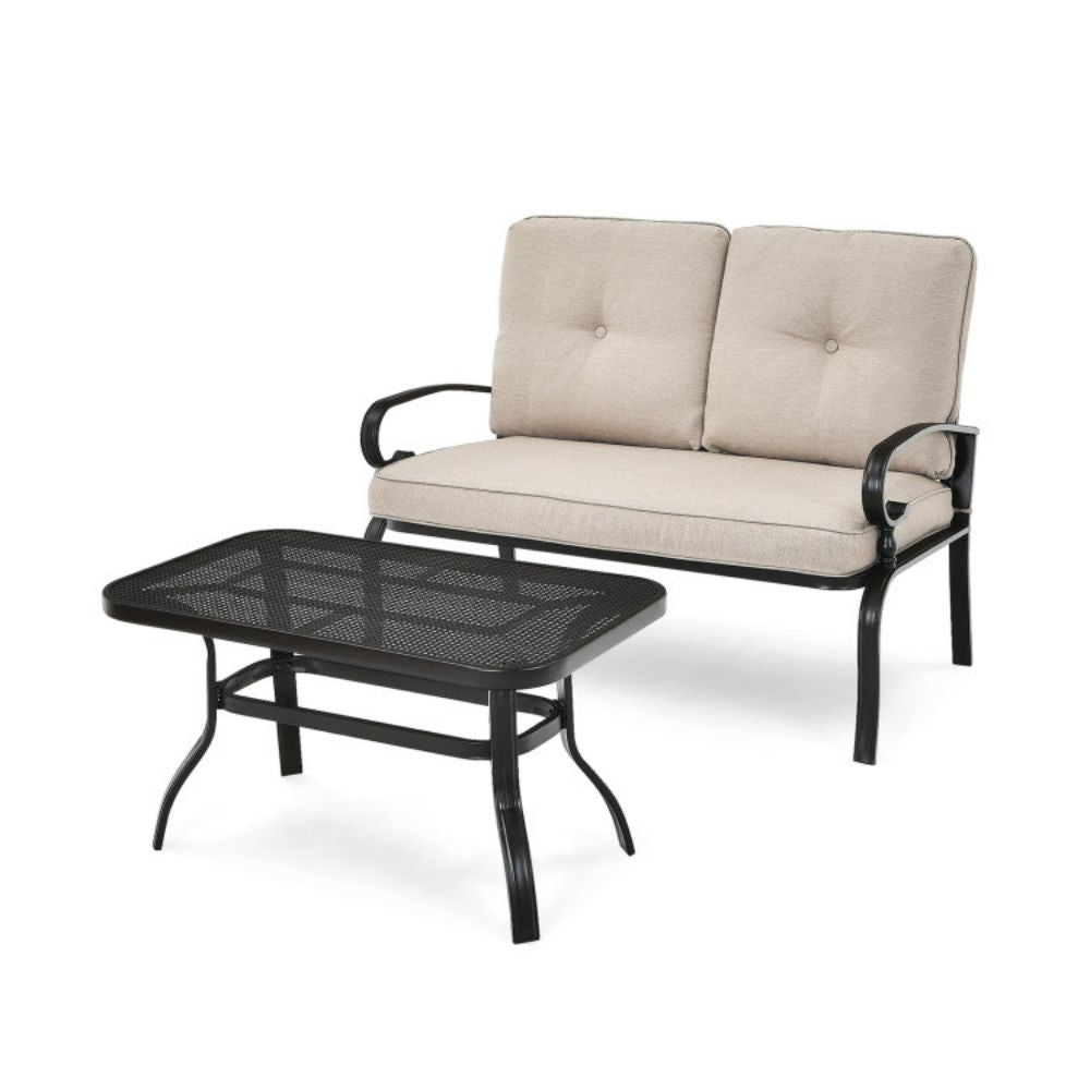 2 Pieces Patio Loveseat Bench Table Furniture Set with Cushioned Chair