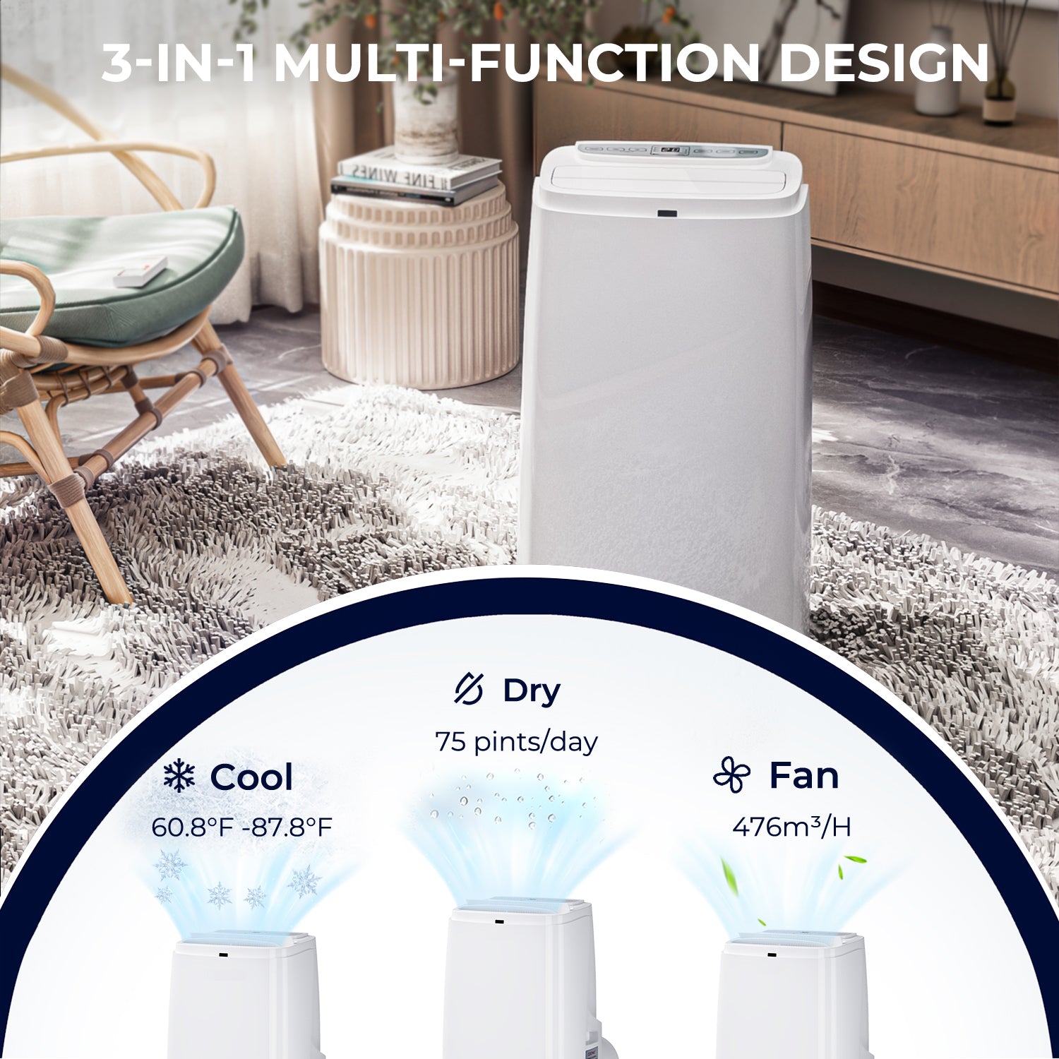 12000 BTU 3-in-1 Portable Air Conditioner with Remote Control