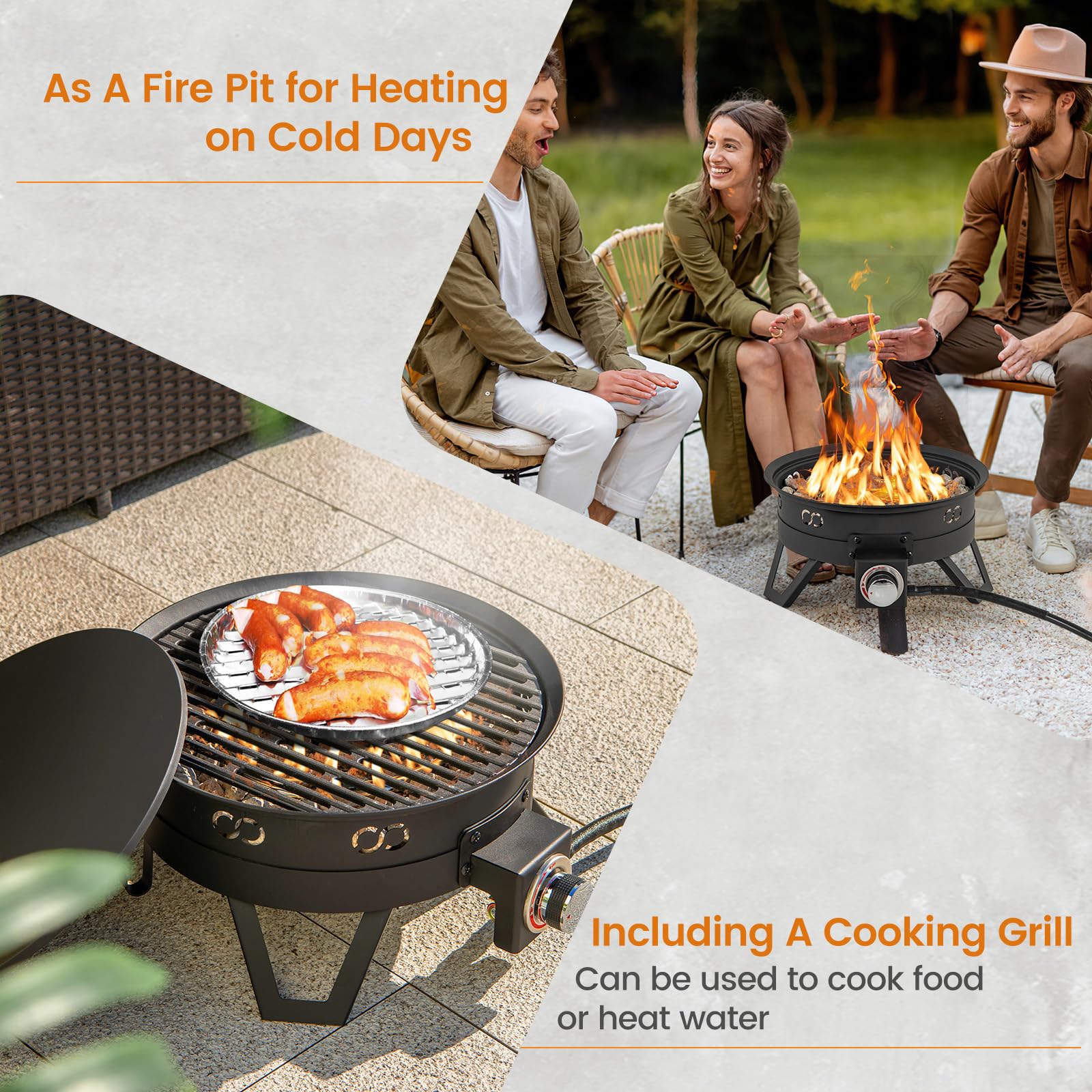 17 Inch Portable Gas Fire Pit with Folding Legs and Removable Grill for Camping-Black