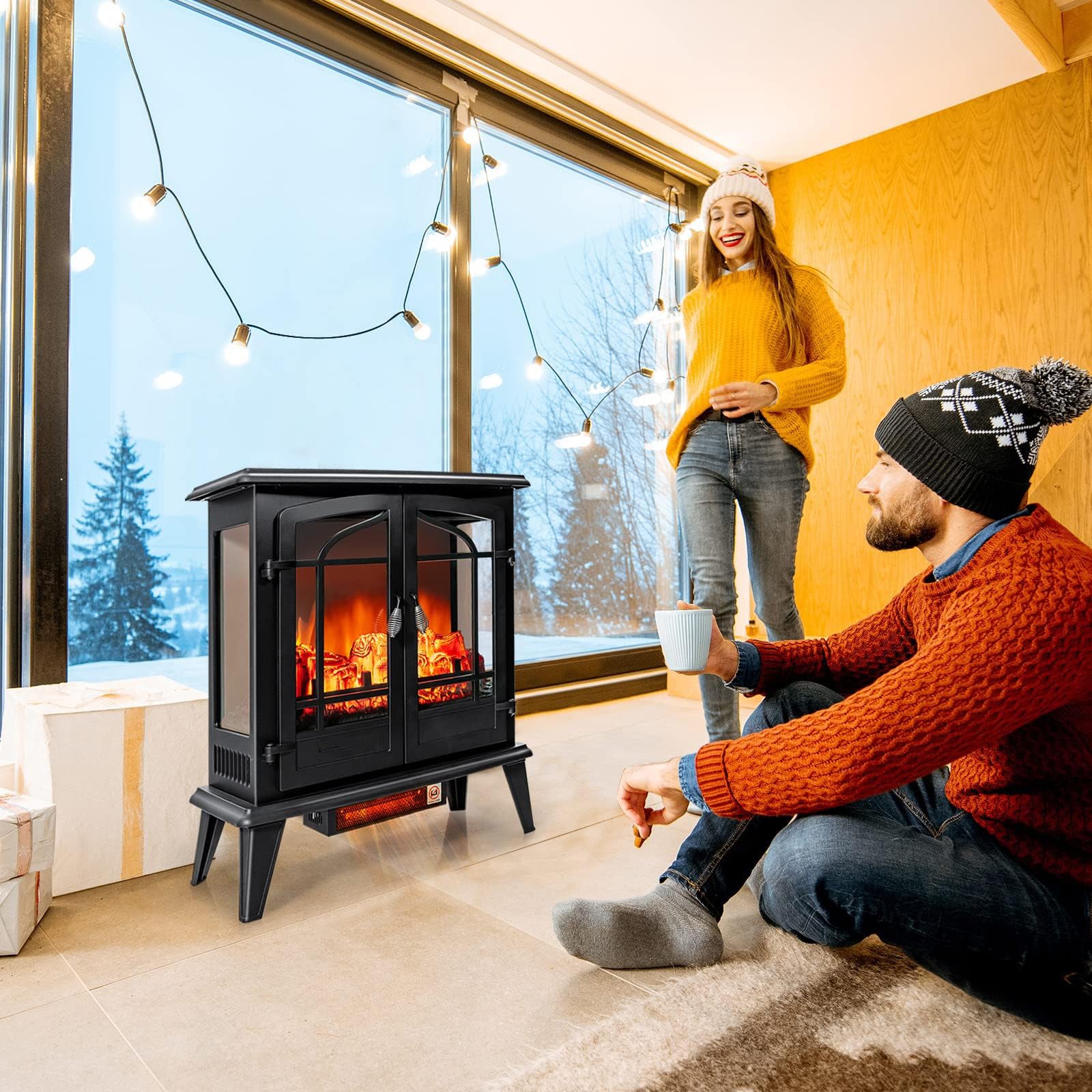 25 Inch Freestanding Electric Fireplace Heater with Realistic Flame effect-Black