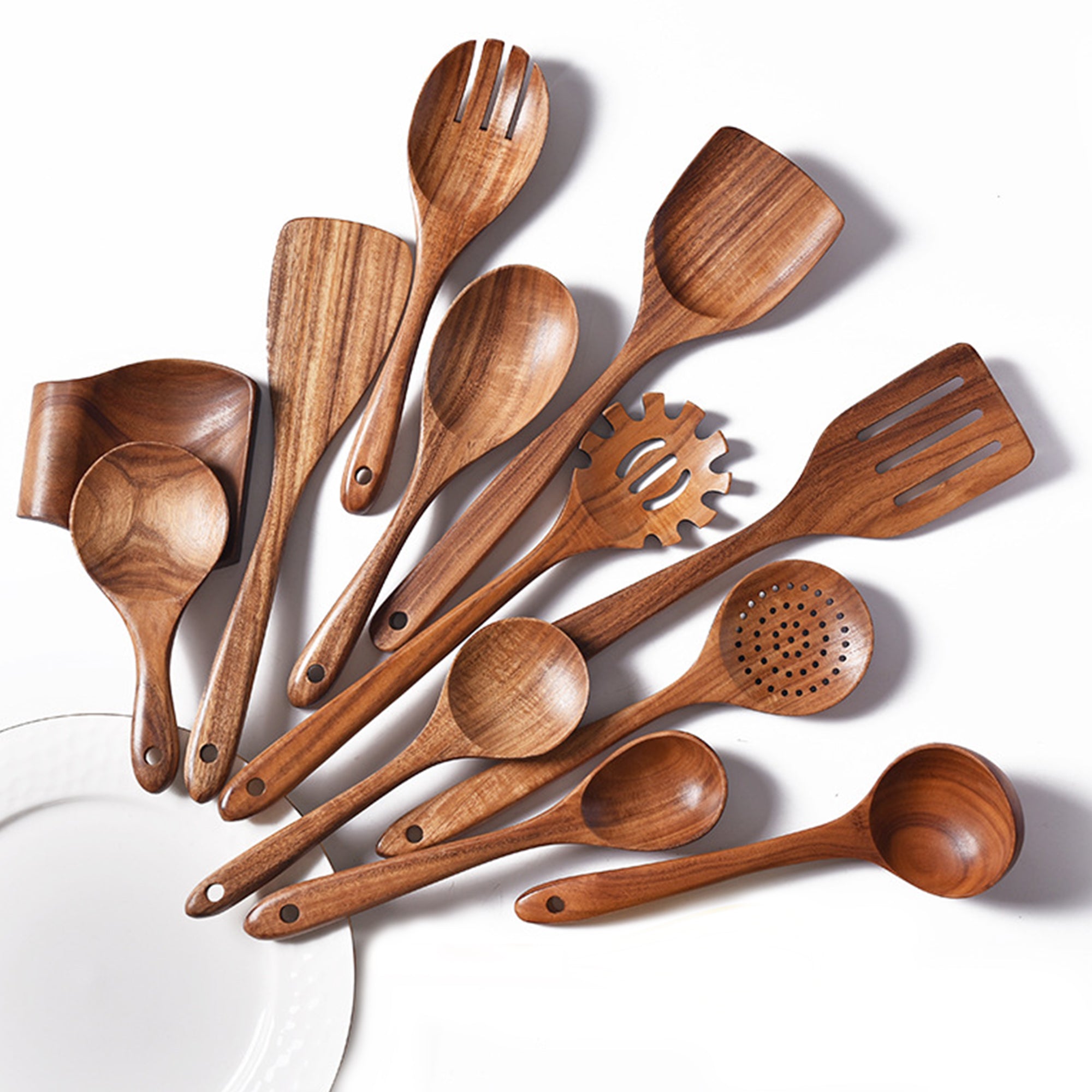 SUGIFT 13-Piece Wooden Cooking Utensils Set, Kitchen Tool Set with Holder, Spoon Rest and Hooks