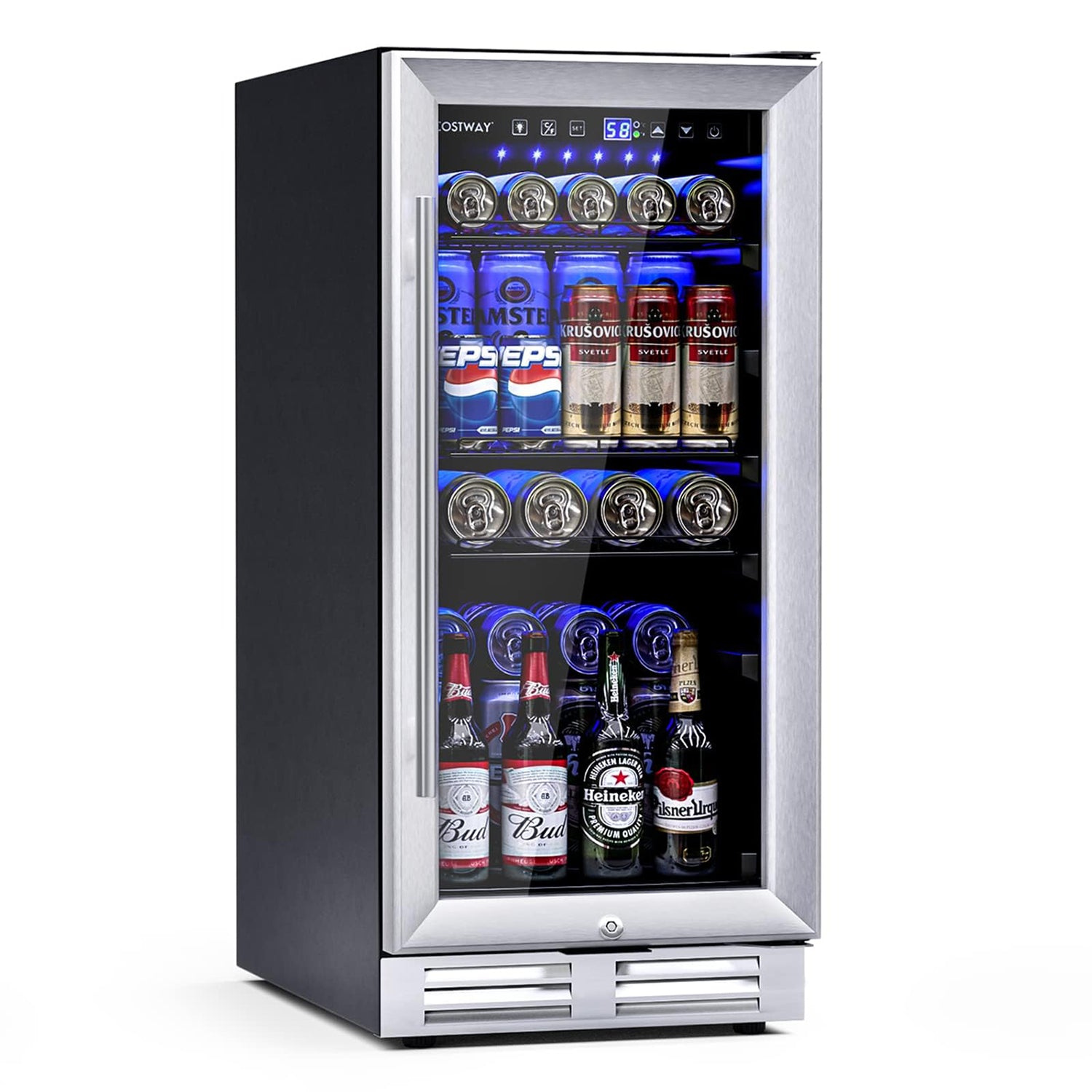 15 Inch 100 Can Built-in Freestanding Beverage Cooler Refrigerator with Adjustable Temperature and Shelf