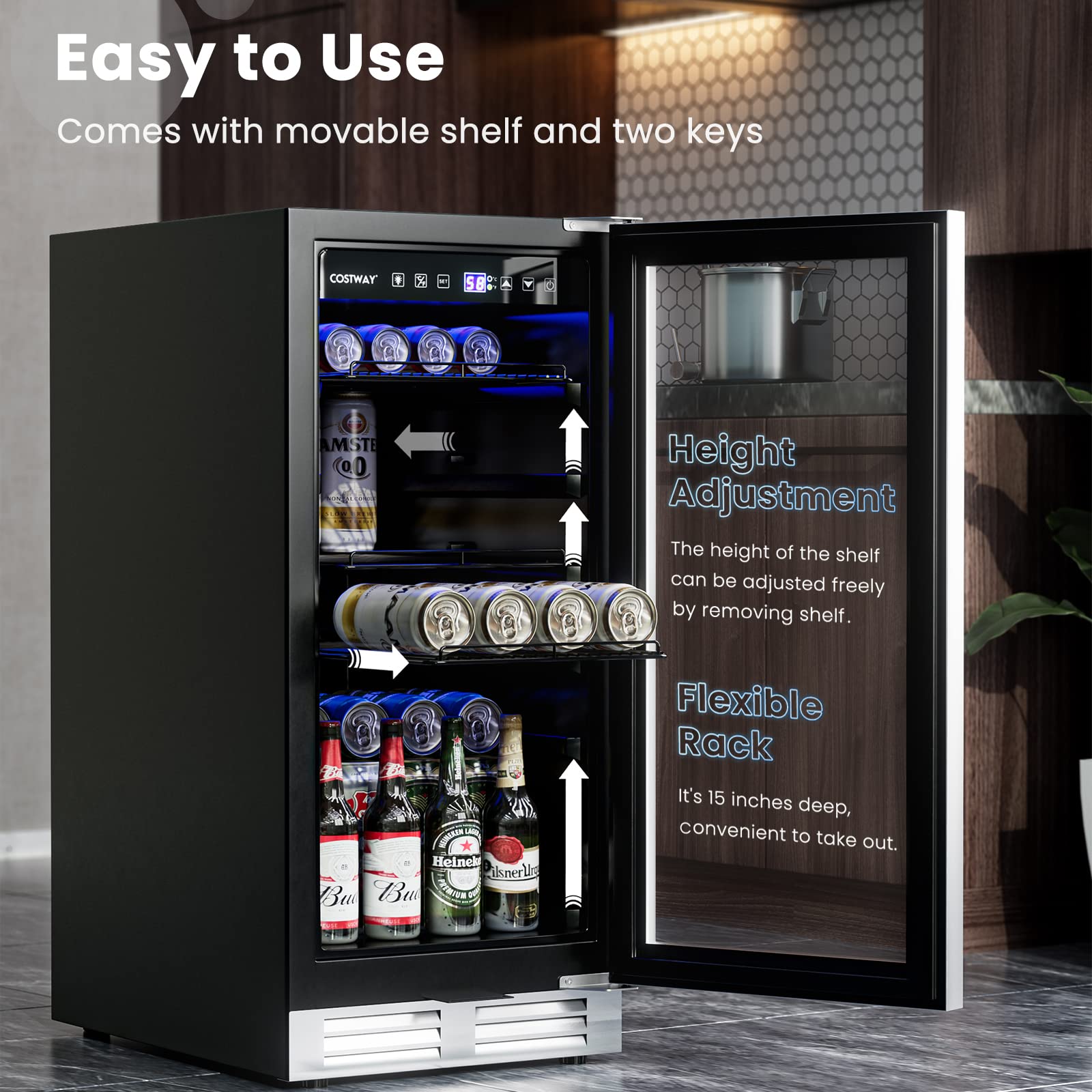 15 Inch 100 Can Built-in Freestanding Beverage Cooler Refrigerator with Adjustable Temperature and Shelf