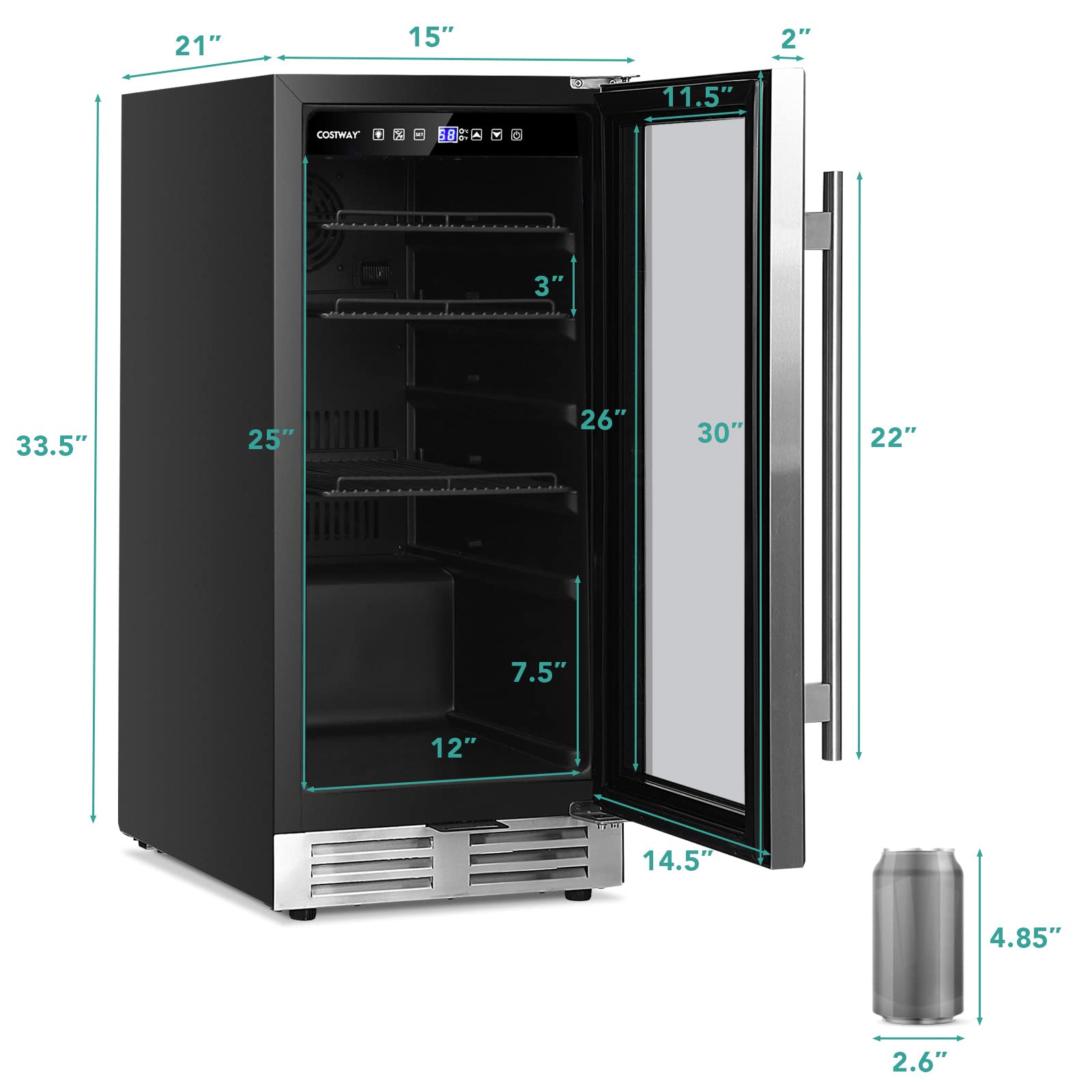15 Inch 100 Can Built-in Freestanding Beverage Cooler Refrigerator with Adjustable Temperature and Shelf