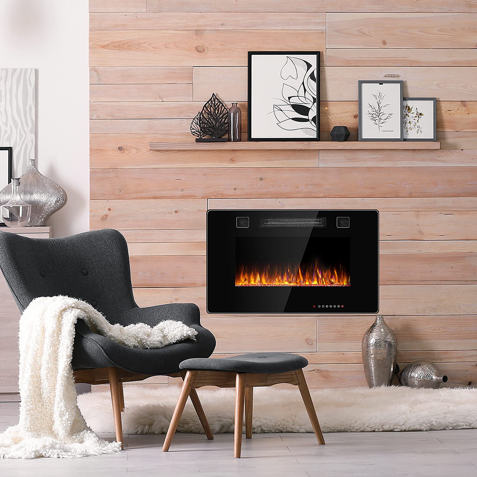 30 Inch Recessed Ultra Thin Electric Fireplace Heater with Glass Appearance
