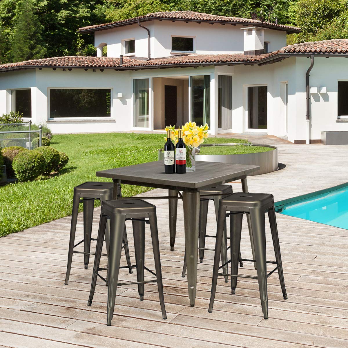 30 Inch Set of 4 Vintage Metal Bar Stool with Removable Middle Back