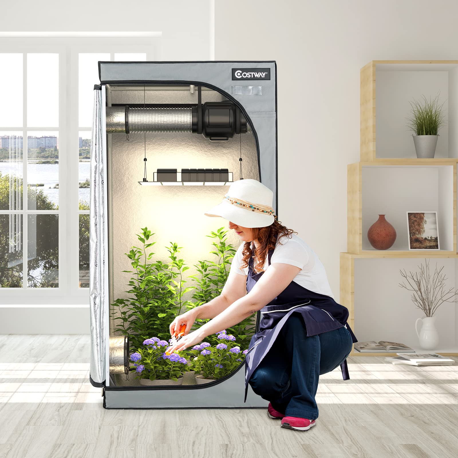 32 x 32 x 63 Inch Mylar Hydroponic Grow Tent with Observation Window and Floor Tray