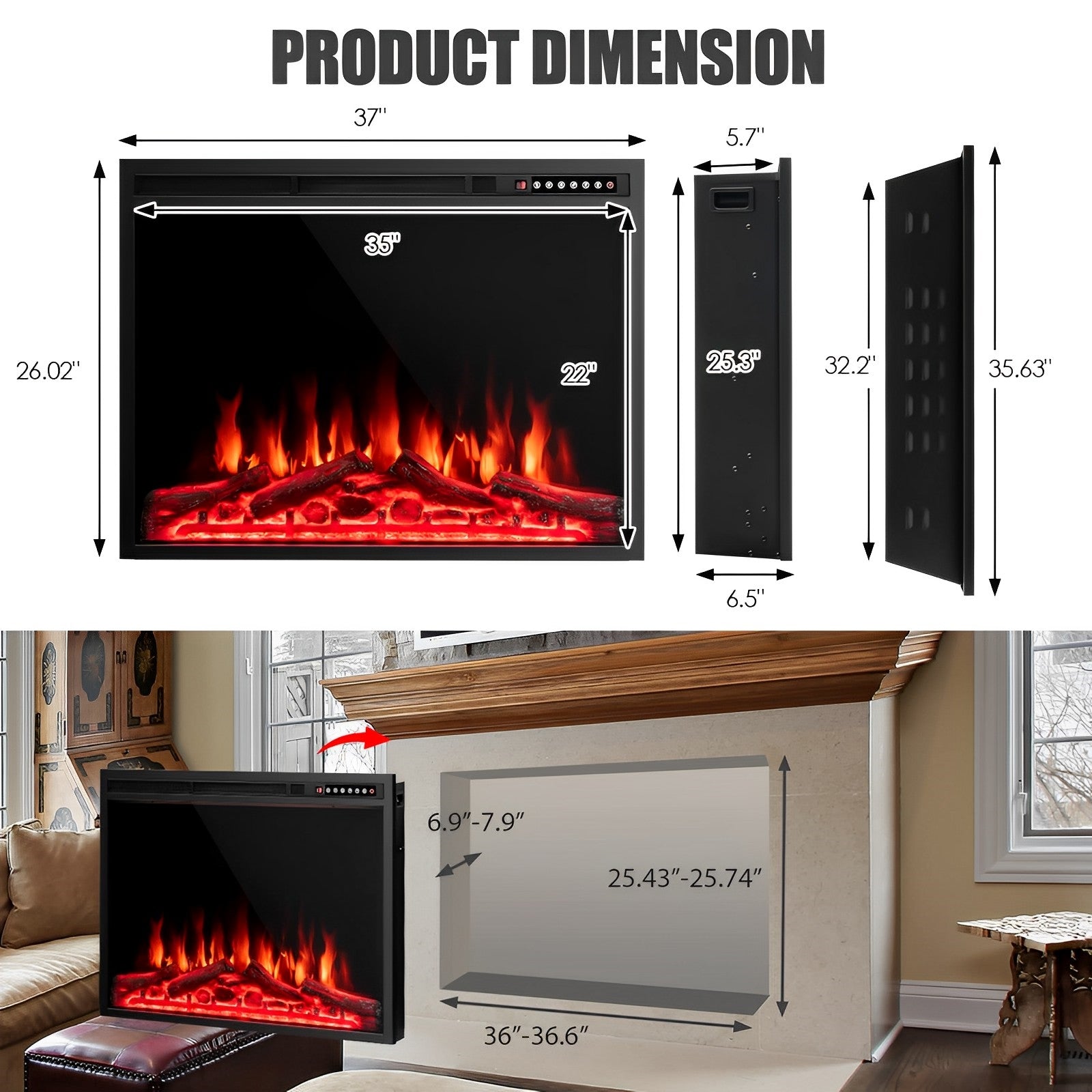 37 Inch Electric Fireplace Recessed with Adjustable Flames