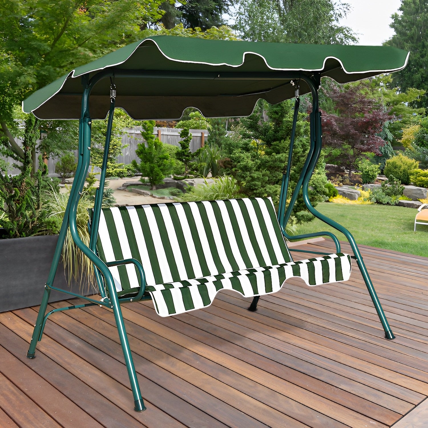 3 Seat Outdoor Patio Canopy Swing with Cushioned Steel Frame