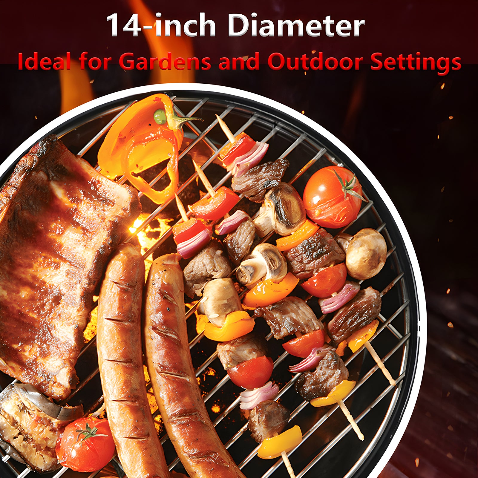 14 in. Steel BBQ Grill with Lid Portable Charcoal Grill for Outdoor Camping