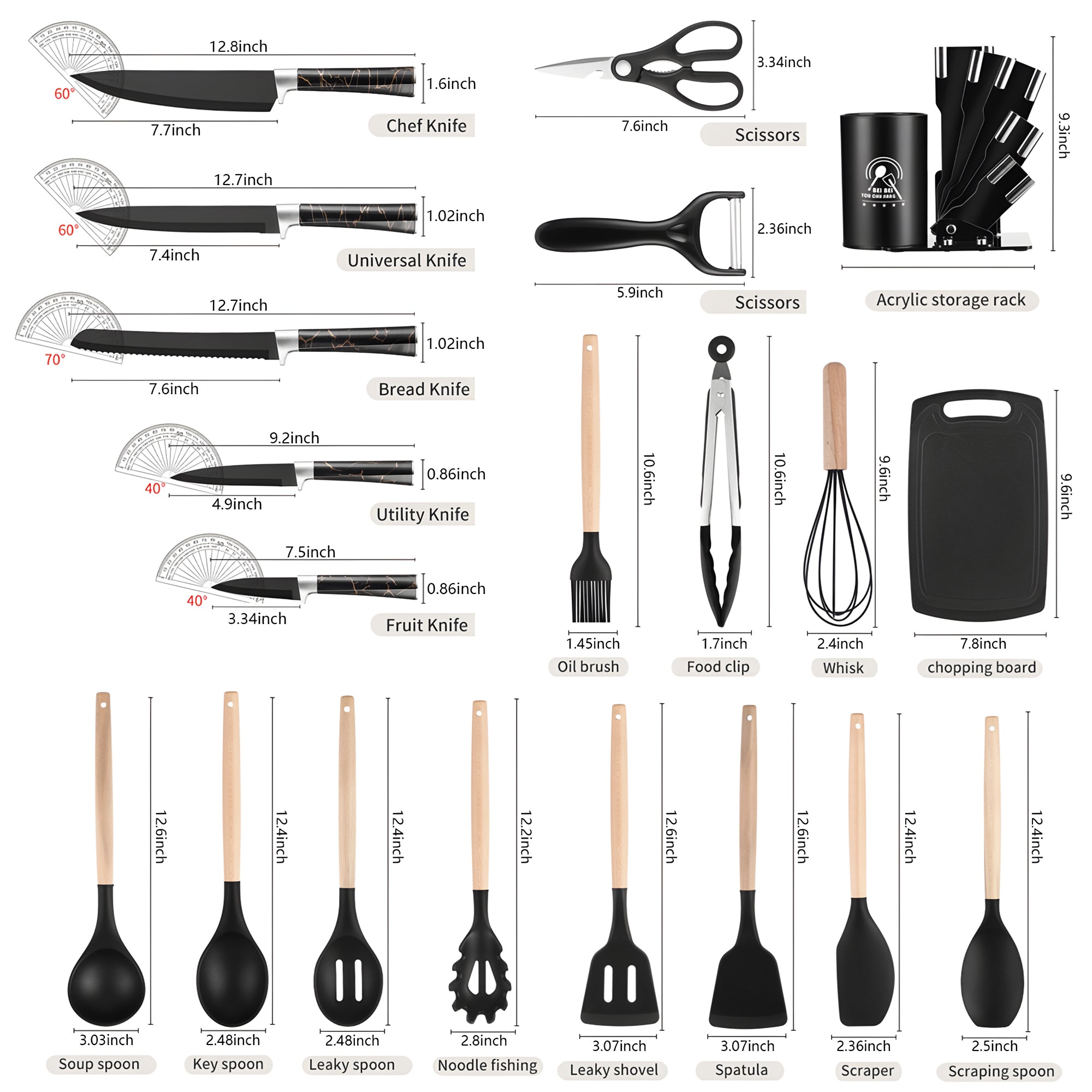SUGIFT 20-Piece Silicone Kitchen Utensils Set and Knives Set with Block