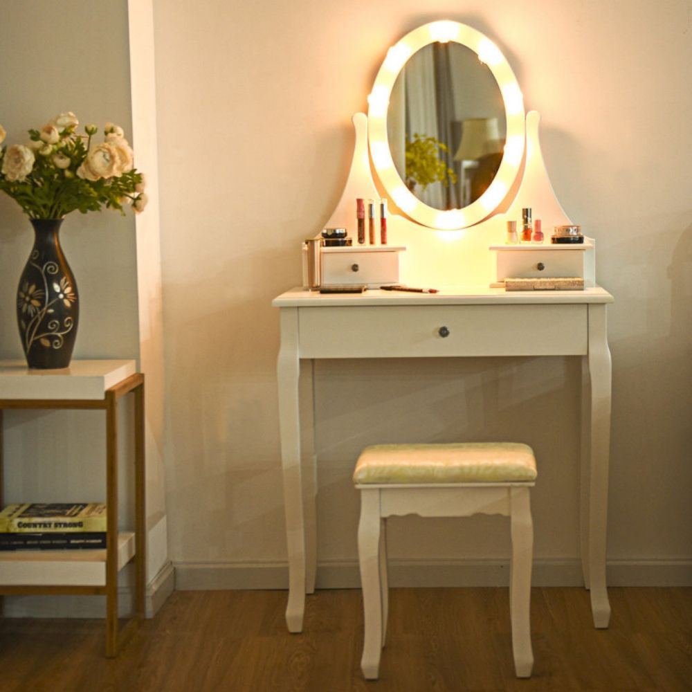 3 Drawers Lighted Mirror Vanity Dressing Table Stool Set