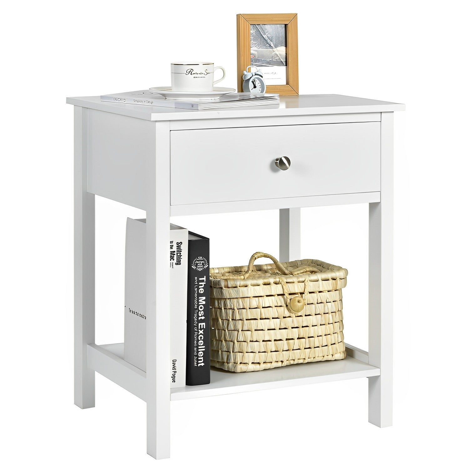 Wooden Storage Shelf Nightstands with Drawer for Bedroom and Living Room-White