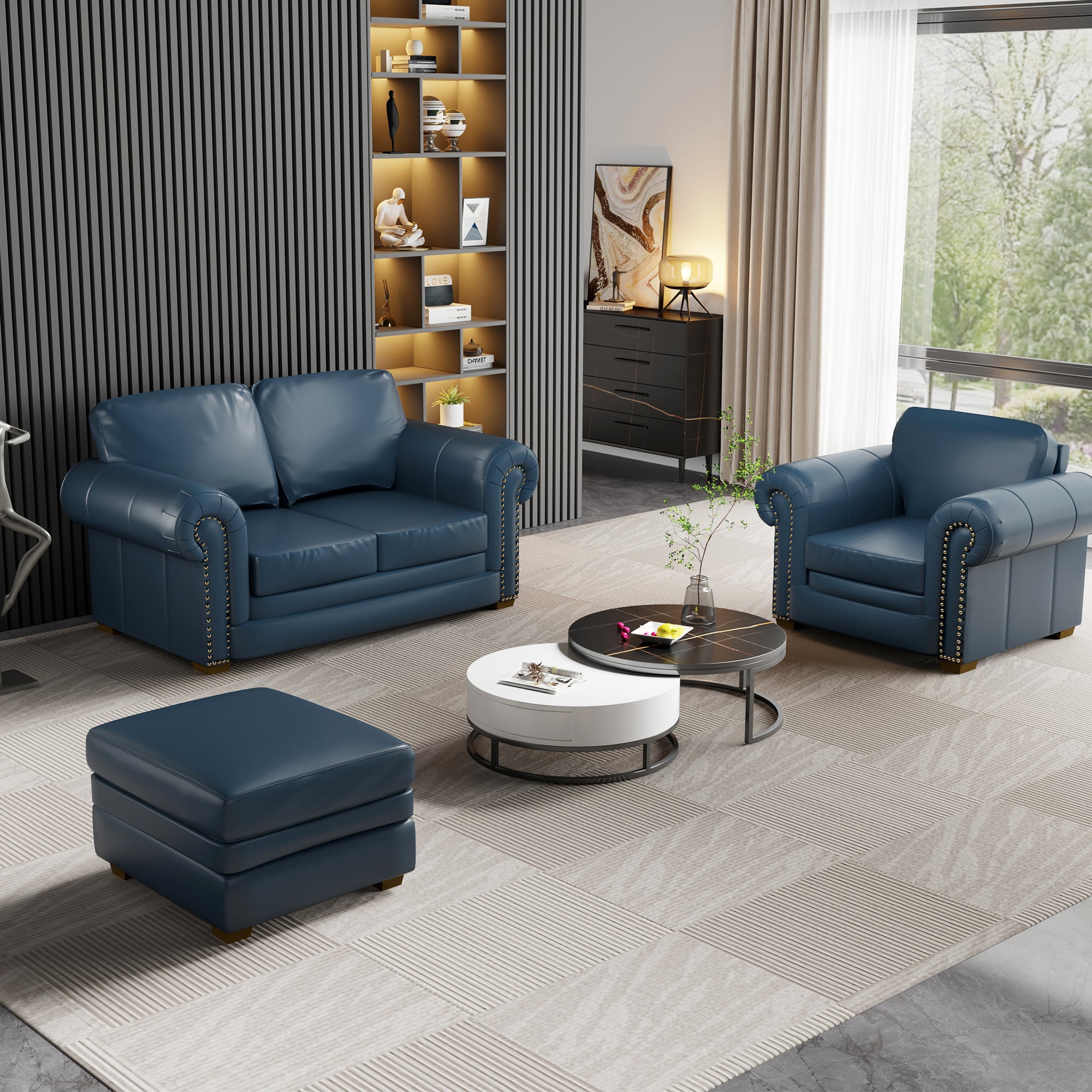 30in Wide Genuine Leather Ottomans with Wood Feet