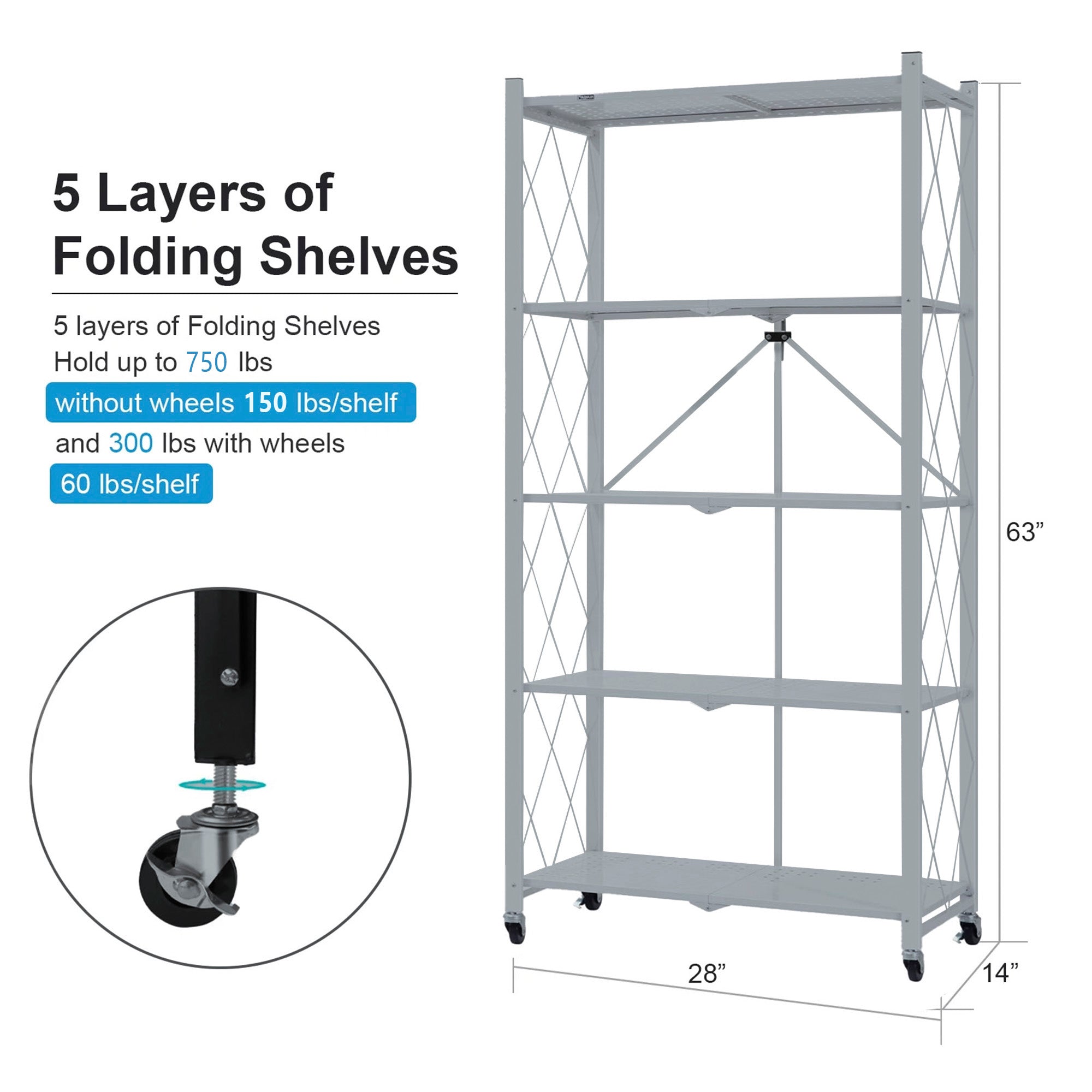 SUGIFT 5-Tier Folding Storage Shelves Metal Folding Shelves with Wheels, 750Lbs Capacity, Grey