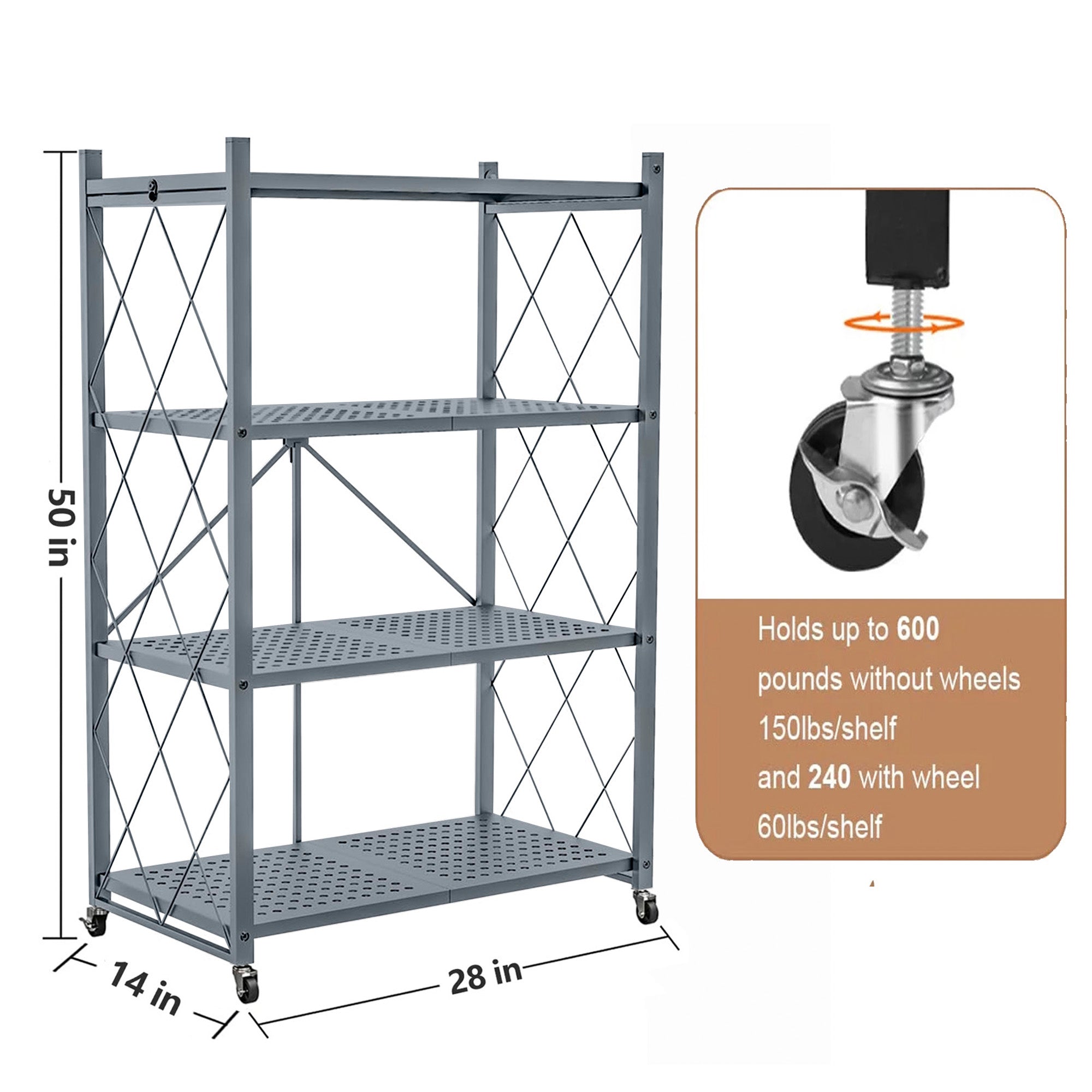 SUGIFT 4-Tier Folding Storage Shelves Metal Folding Shelves with Wheels, 600Lbs Capacity, Grey