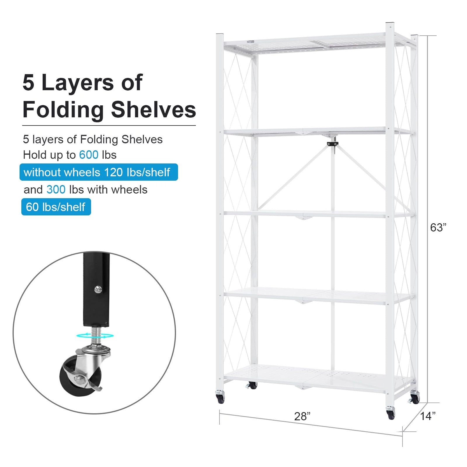 SUGIFT 5-Tier Folding Storage Shelves Metal Folding Shelves with Wheels, 750Lbs Capacity, White