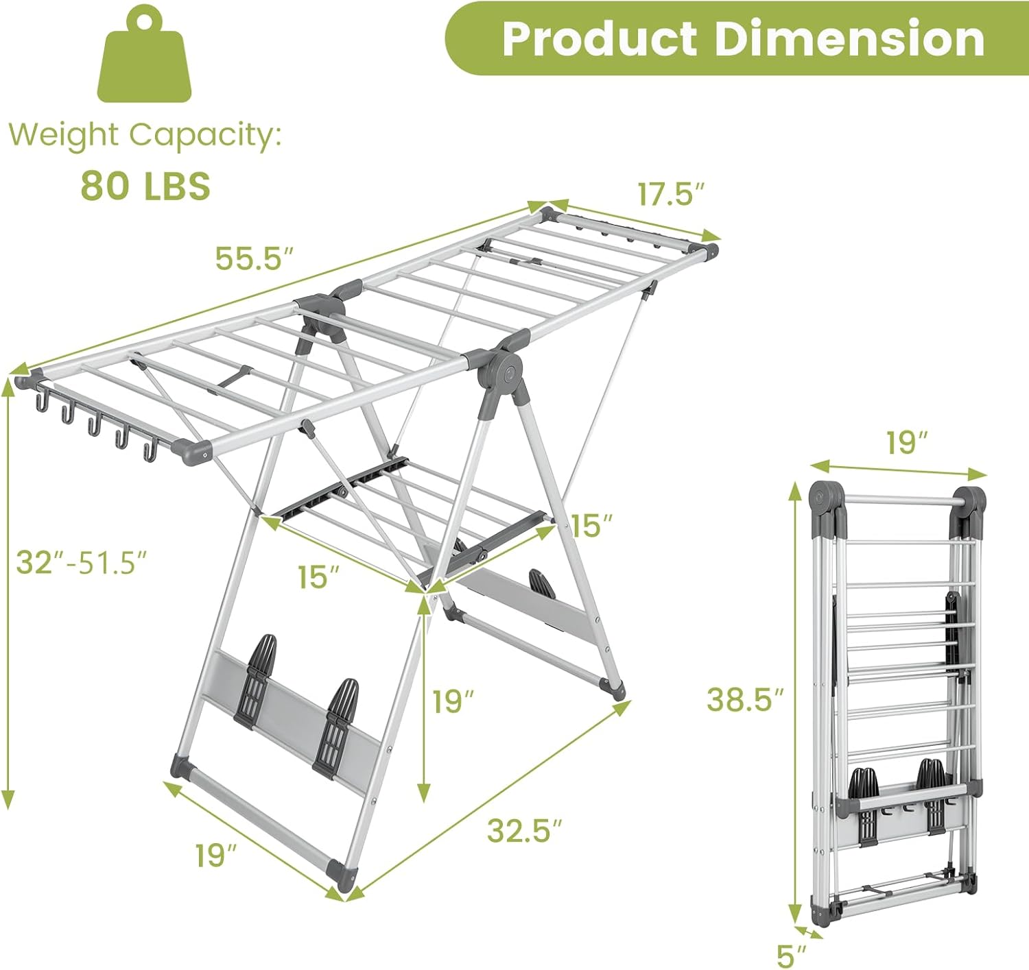 2-Layer Folding Clothes Drying Rack with 5-Level Adjustable Height