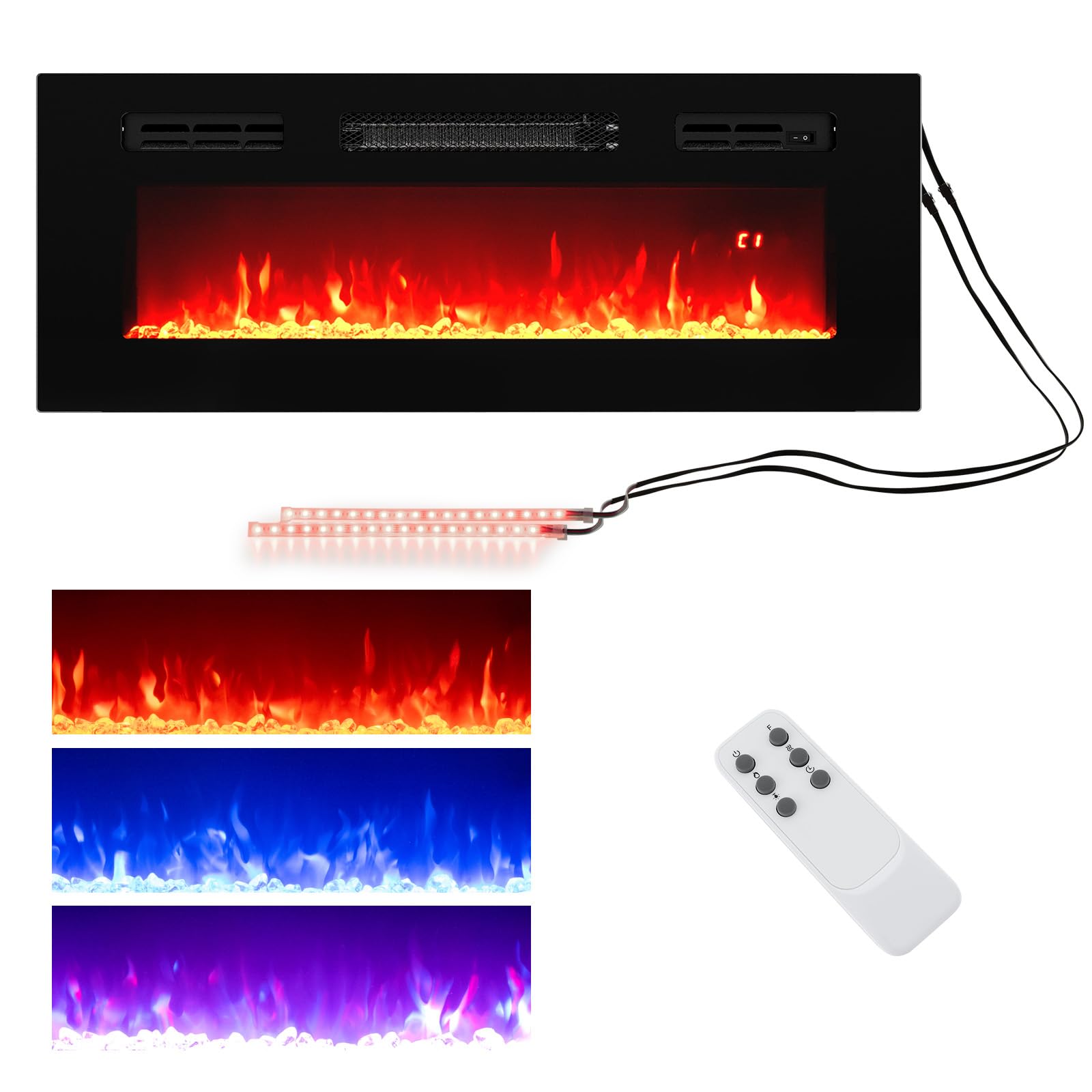 36 Inches Electric Fireplace Heater Recessed with LED Strip Lights and Remote Control