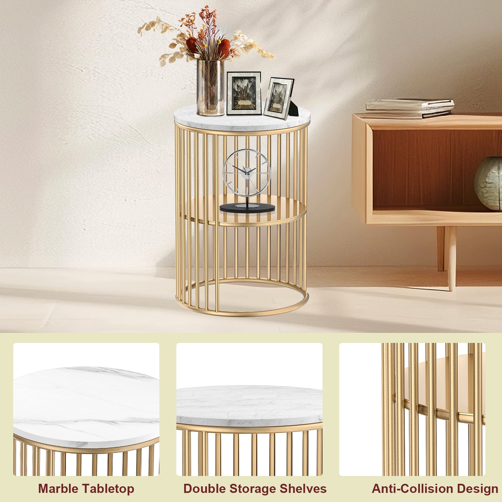 15.8 Inch Marble Top Round Side Table with Golden Metal Frame