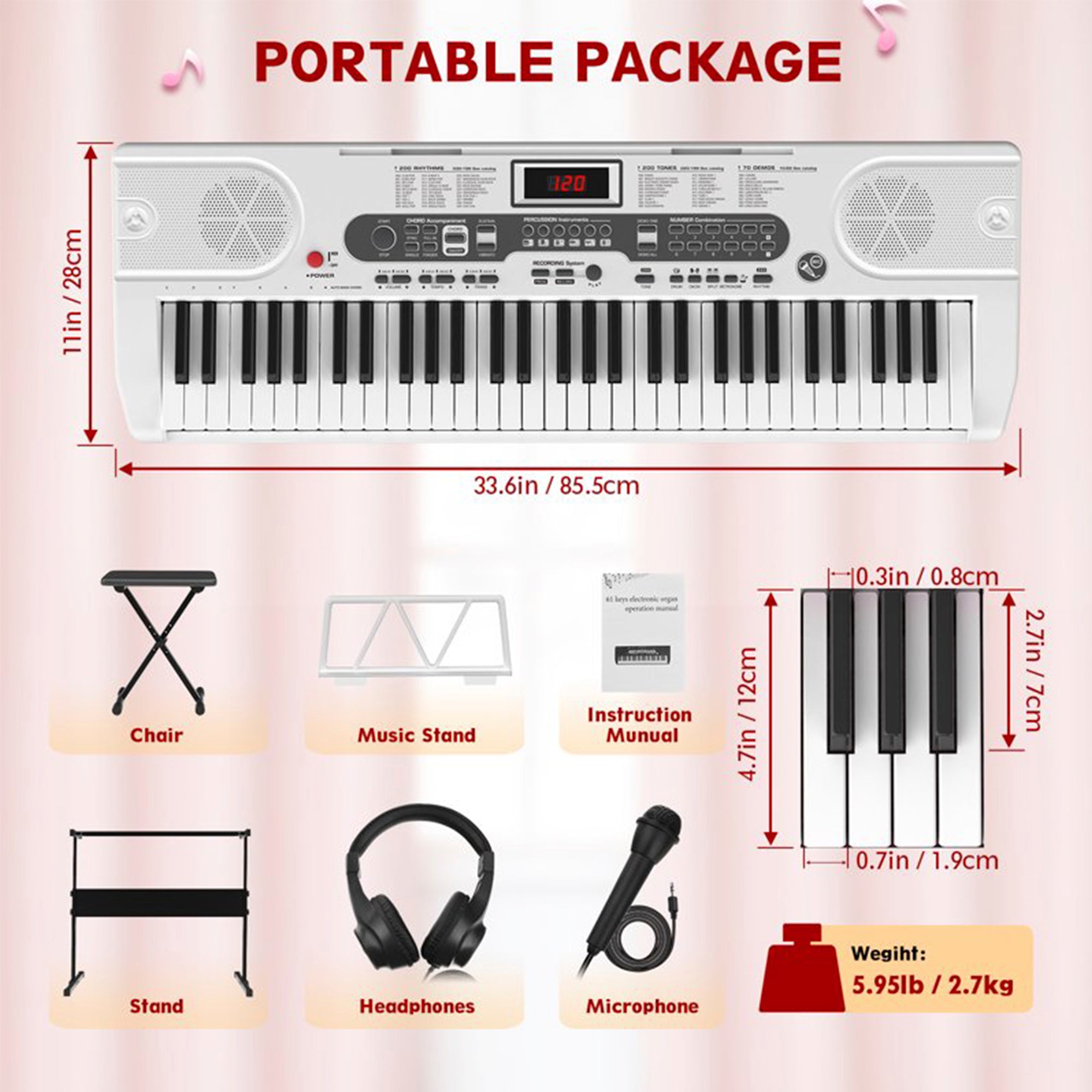 White 61 Keys Keyboard Piano, Electric Digital Piano Set with Stand, Bench, Headphones, Built-in Speakers