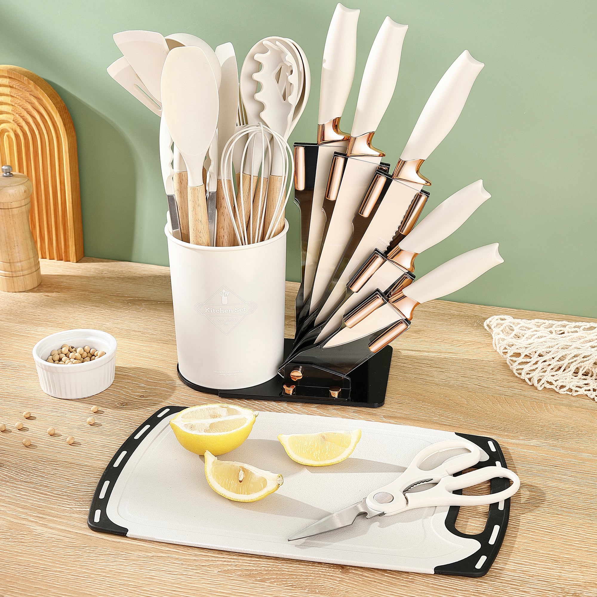 SUGIFT 19-Piece Silicone Kitchen Utensils Set and Knives Set with Block