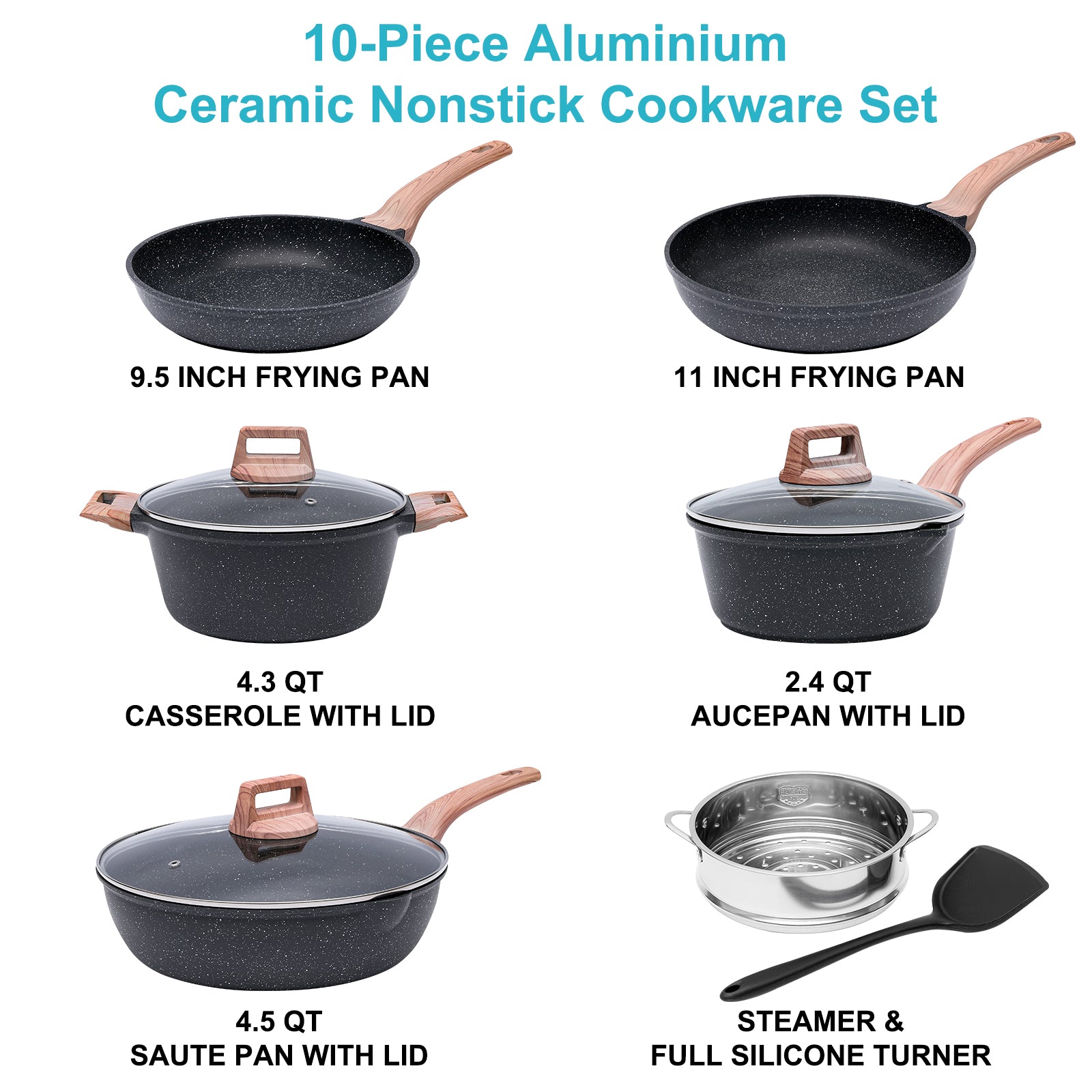 10-Piece Nonstick Ceramic Cookware Sets, Granite Pots and Pans Set with Silicone spatula
