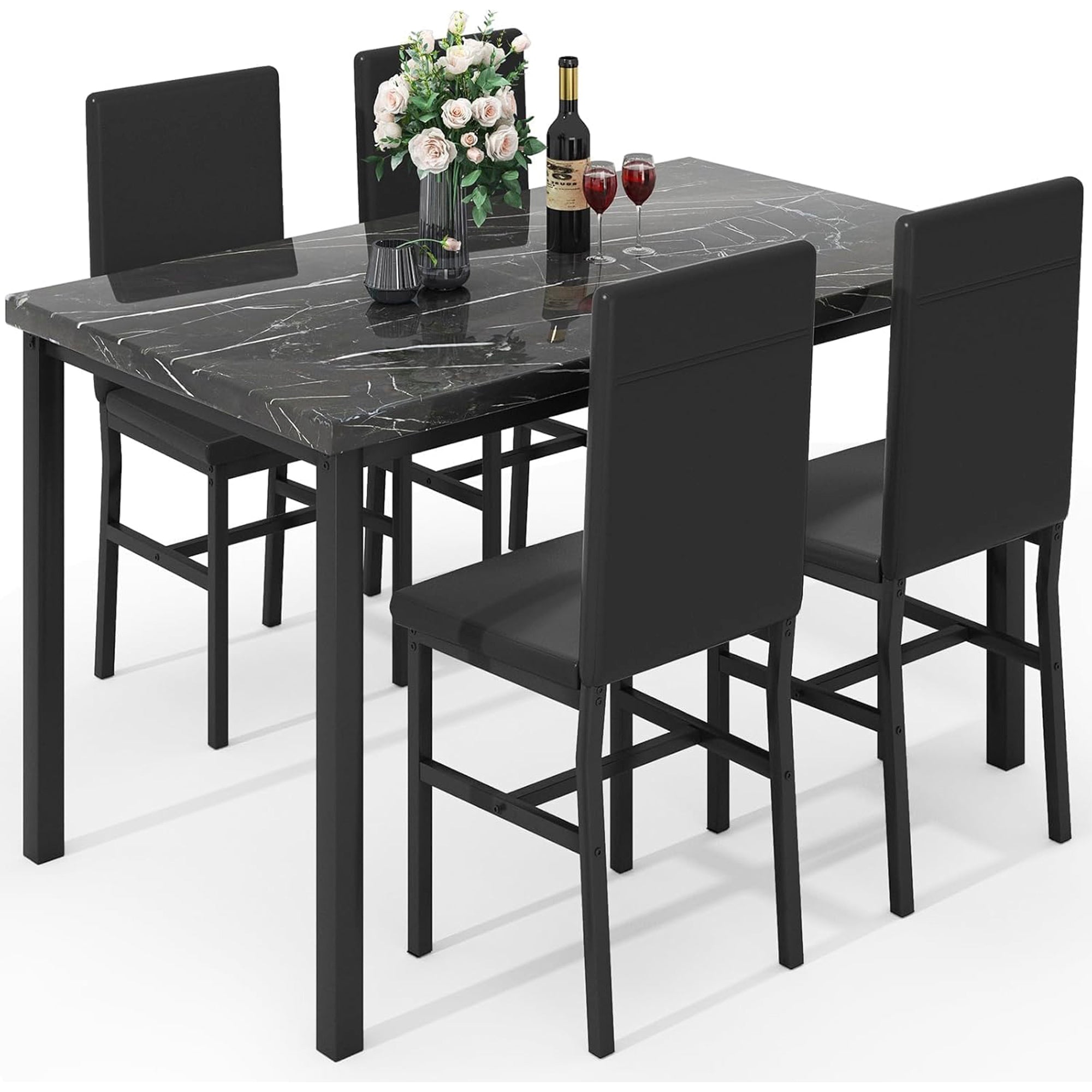 SUGIFT 5 Piece Modern Dining Table Set with Faux Marble Tabletop and 4 PU Leather Upholstered Chairs