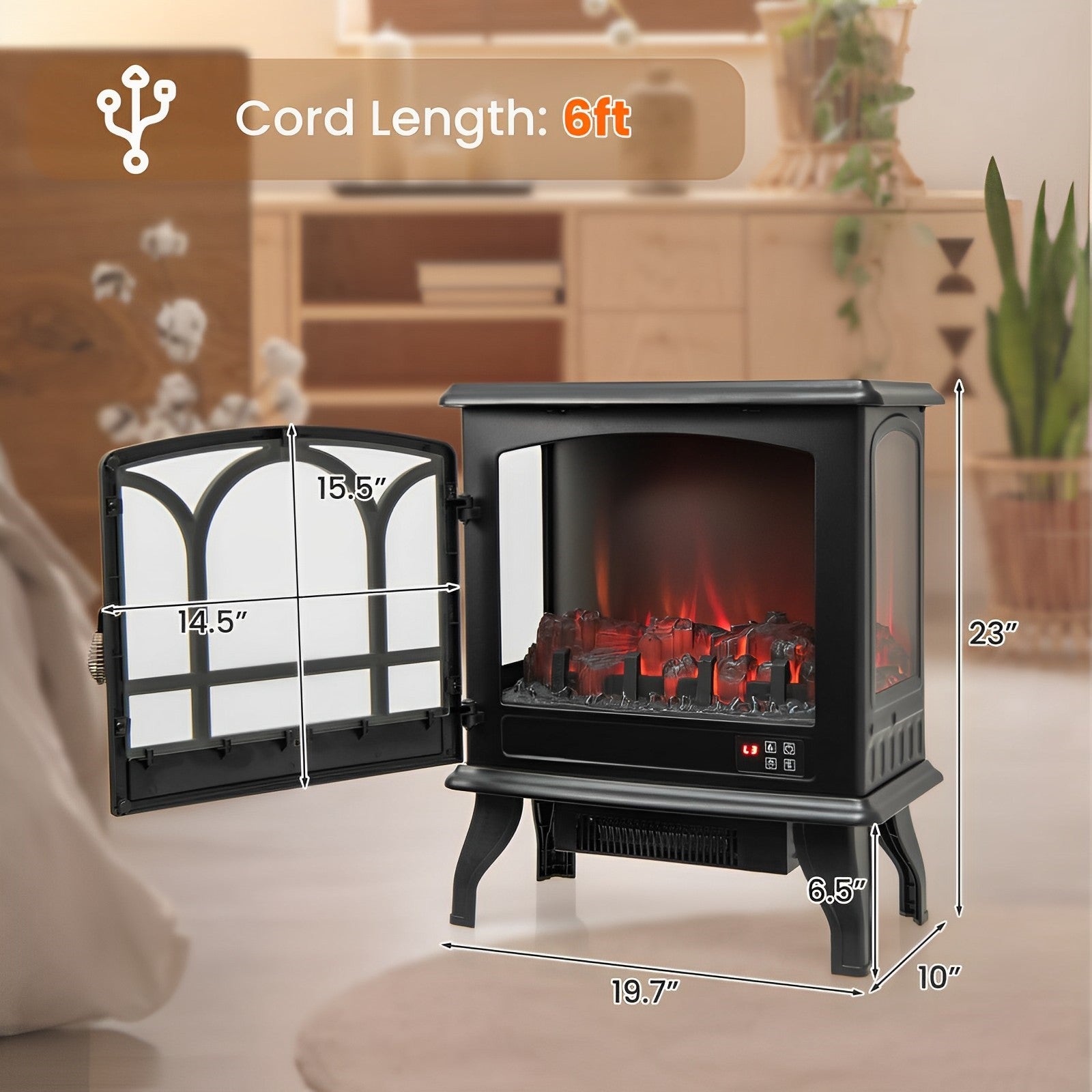 1400W Electric Stove Heater with 3-Level Flame Effect and 3-Sided View