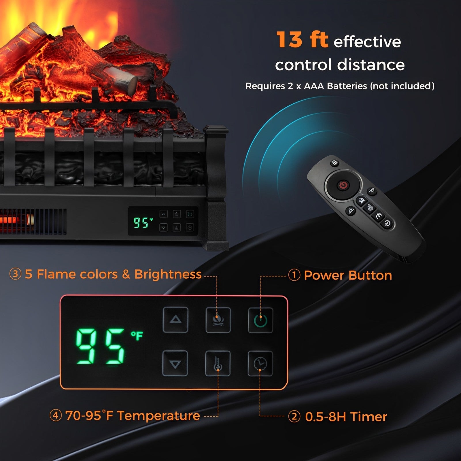 26 Inch Electric Fireplace Heater with Remote Control and Realistic Lemonwood Ember Bed-Black