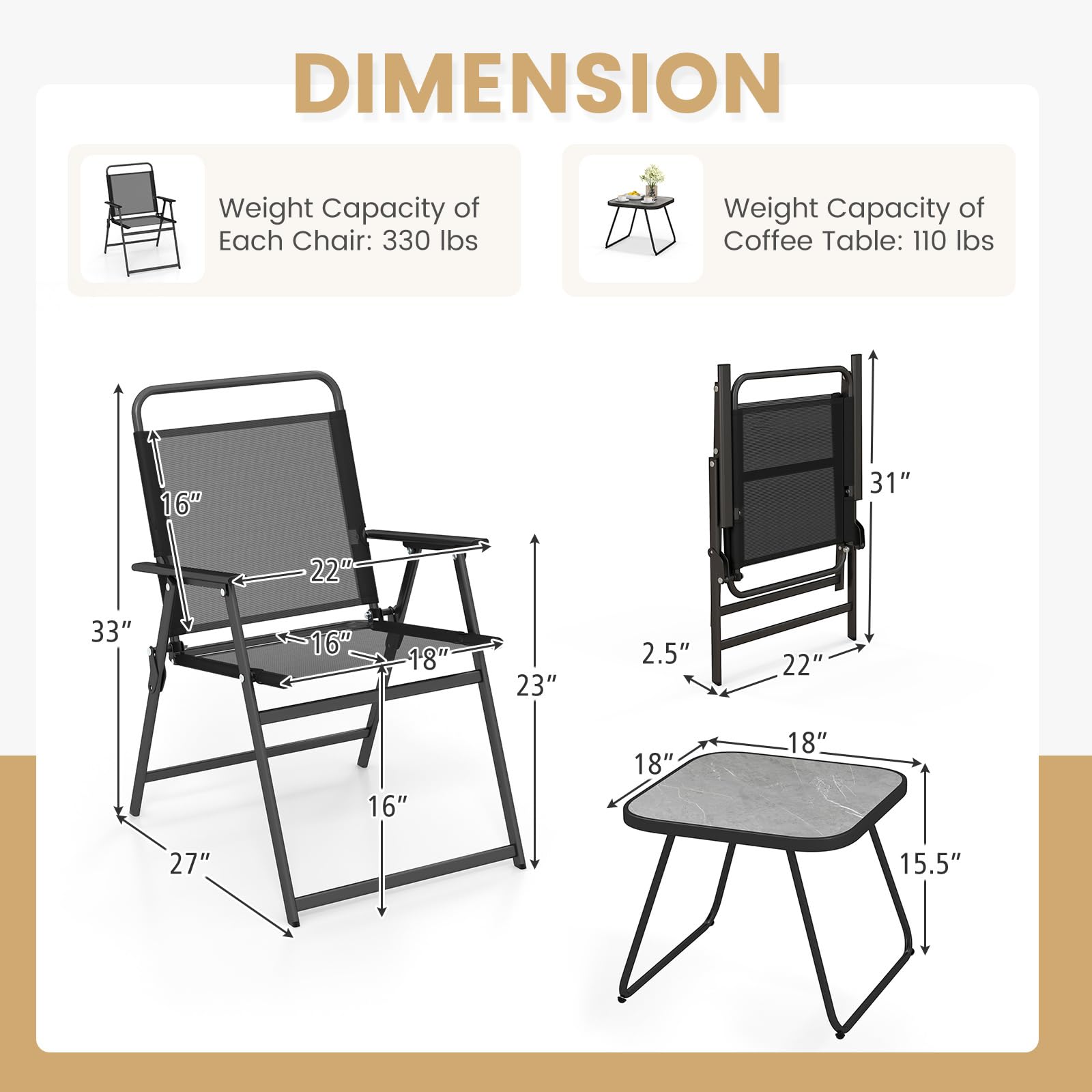 3 Pieces Patio Folding Conversation Chairs and Table