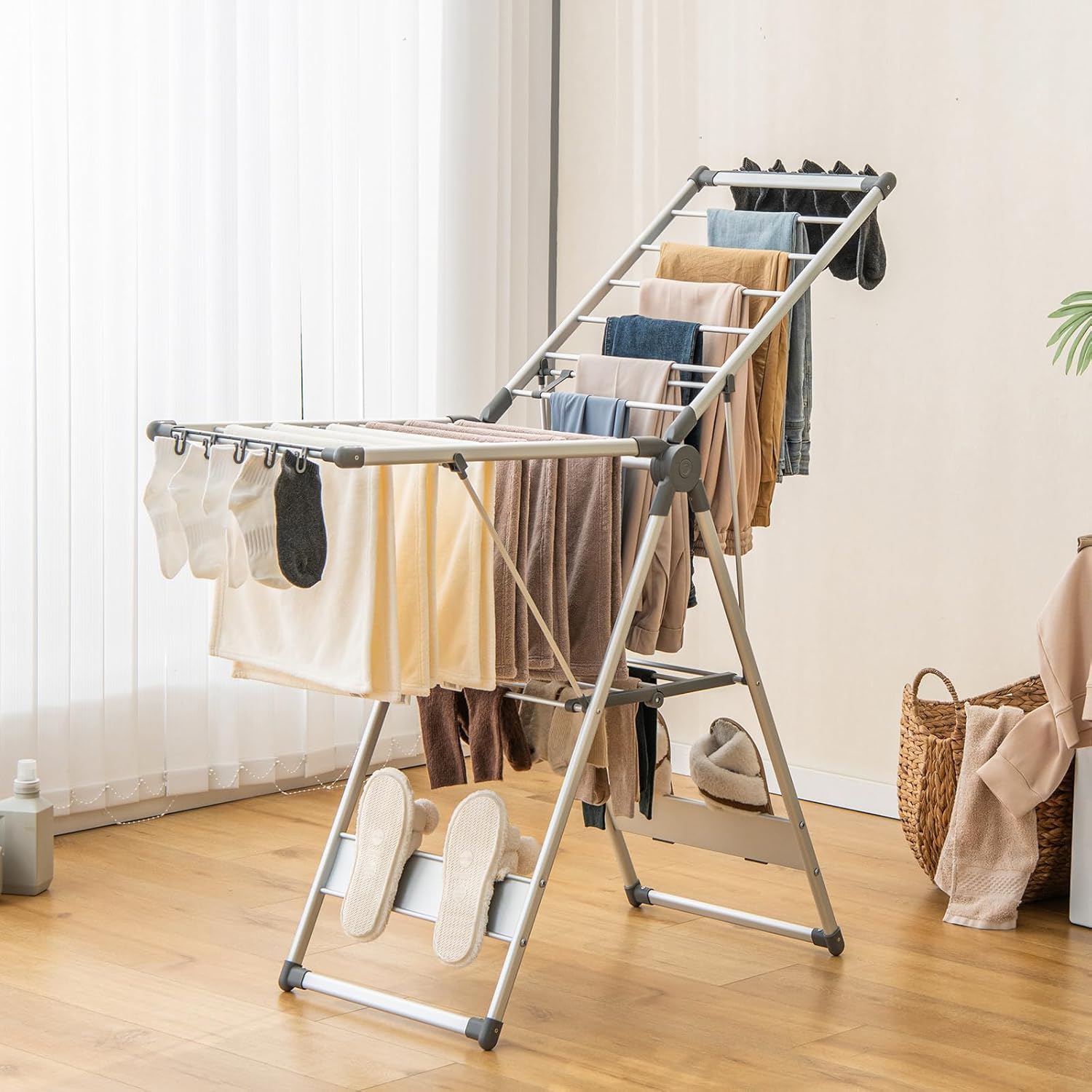2-Layer Folding Clothes Drying Rack with 5-Level Adjustable Height