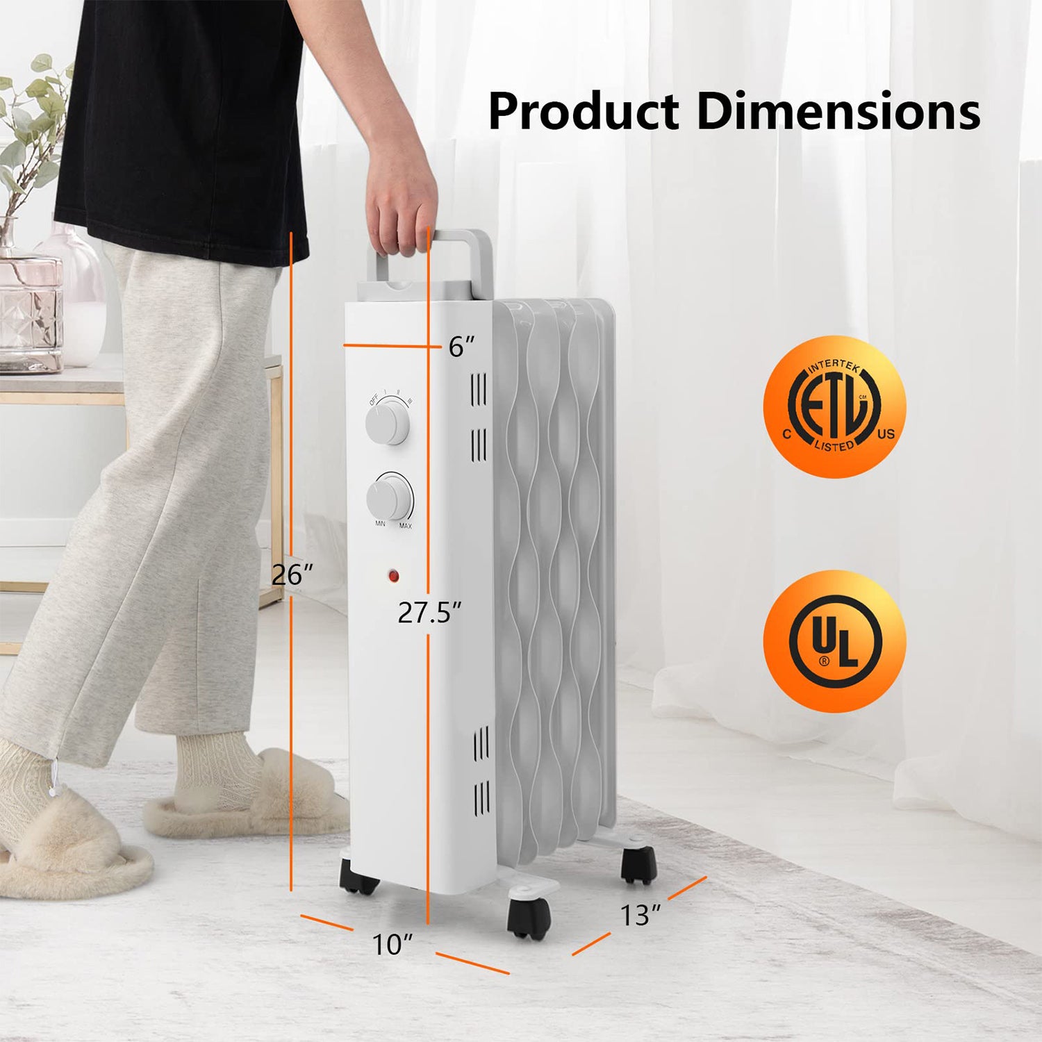 1500W Oil Filled Space Heater with Universal Wheels and 3-Level Heat-White