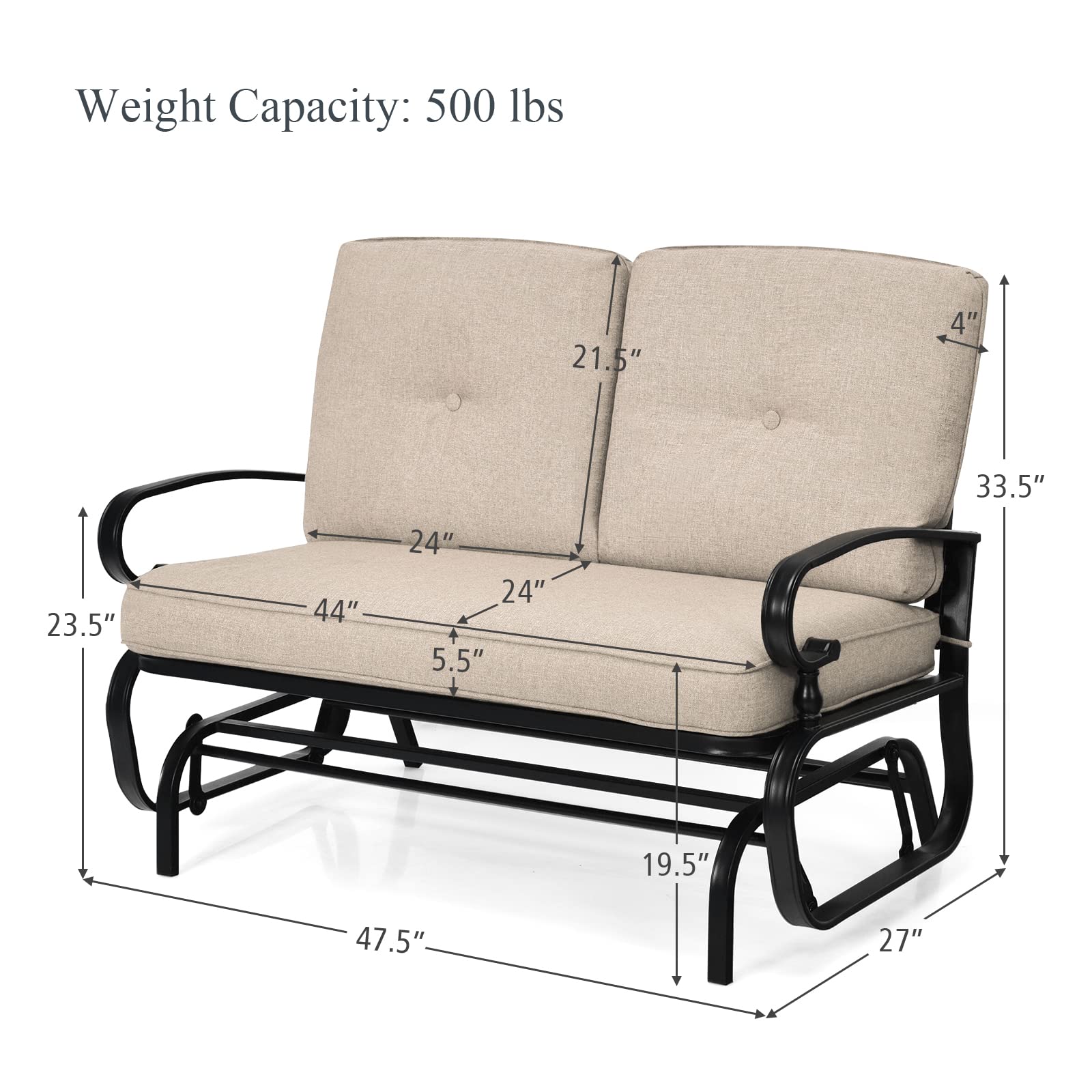 2 Seats Outdoor Swing Glider Chair with Comfortable Cushions