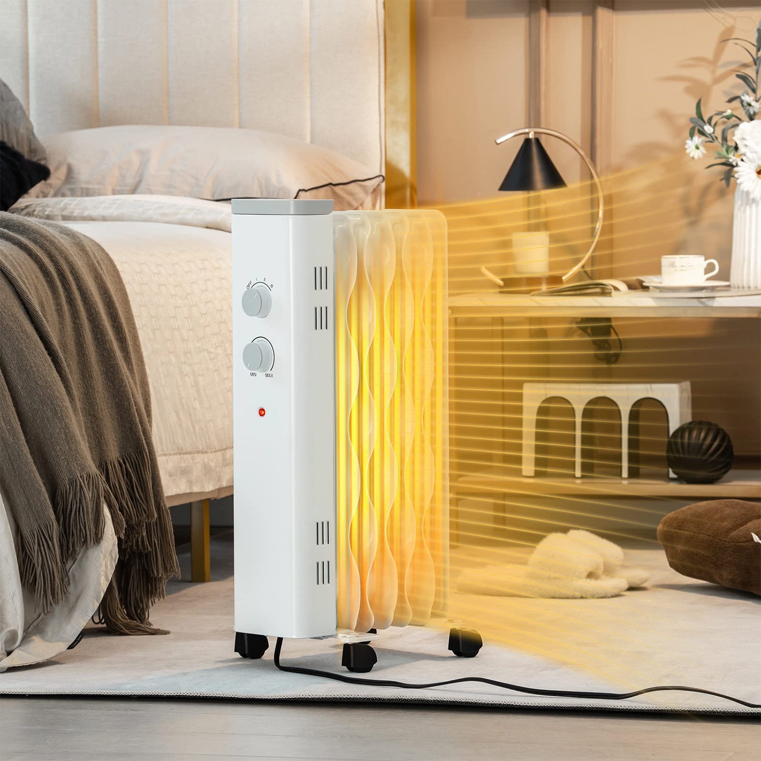 1500W Oil Filled Space Heater with Universal Wheels and 3-Level Heat-White