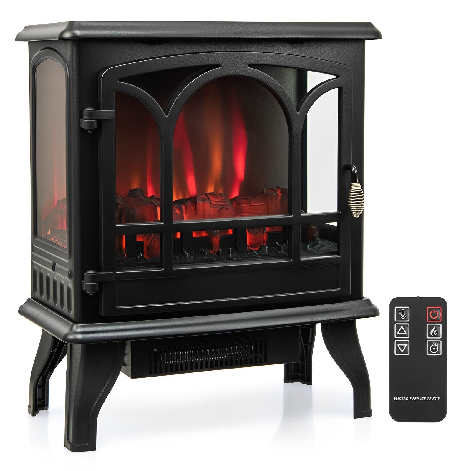 1400W Electric Stove Heater with 3-Level Flame Effect and 3-Sided View