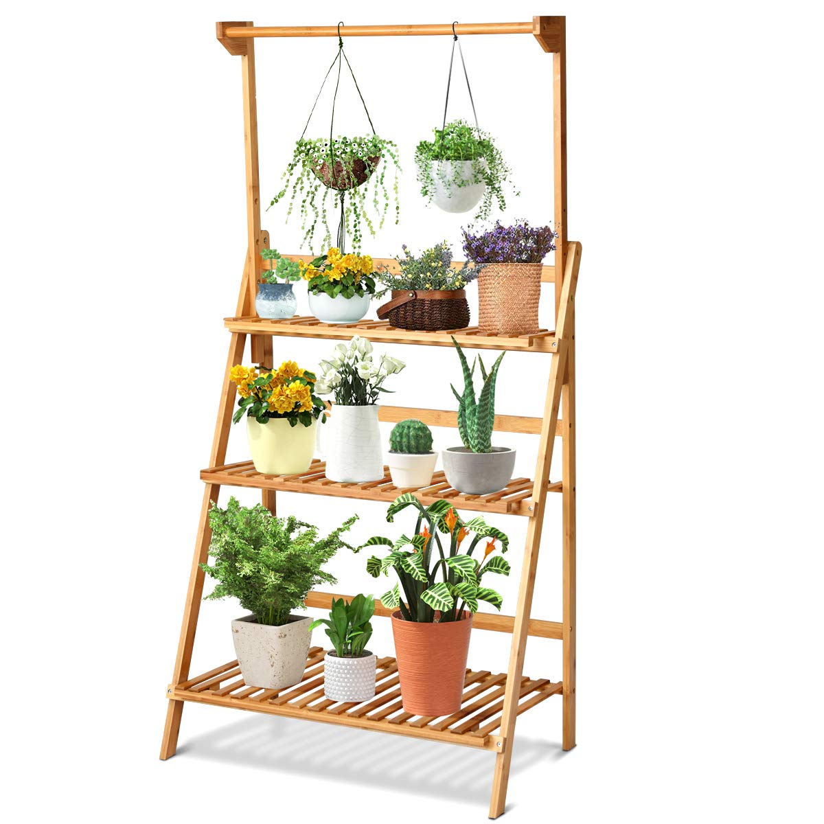 3 Tiers Bamboo Hanging Folding Plant Shelf Stand