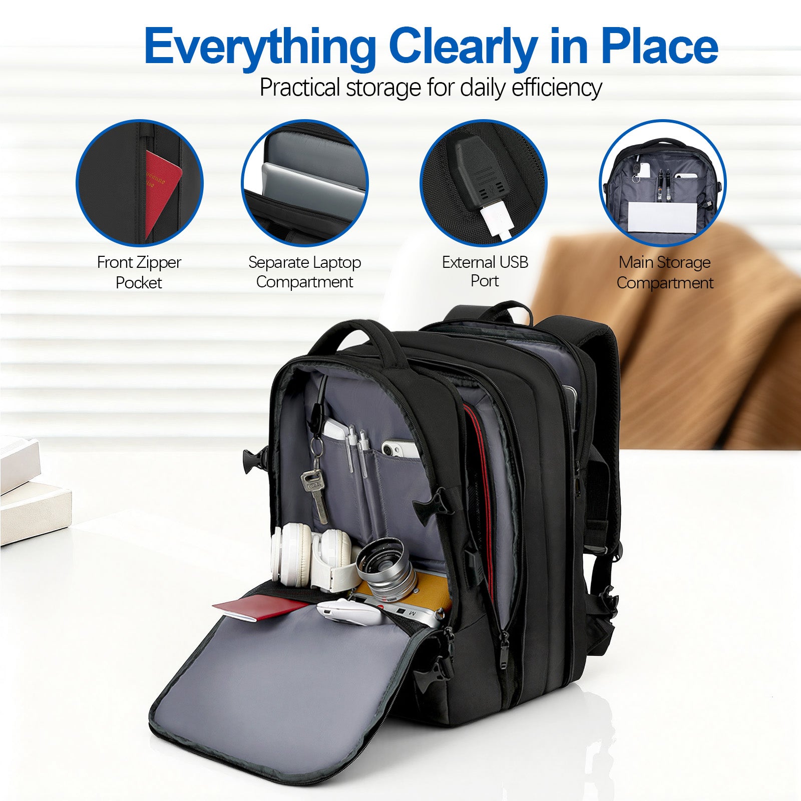 Expandable Travel Backpack with USB Charging Port, 45L Carry-On Laptop ...