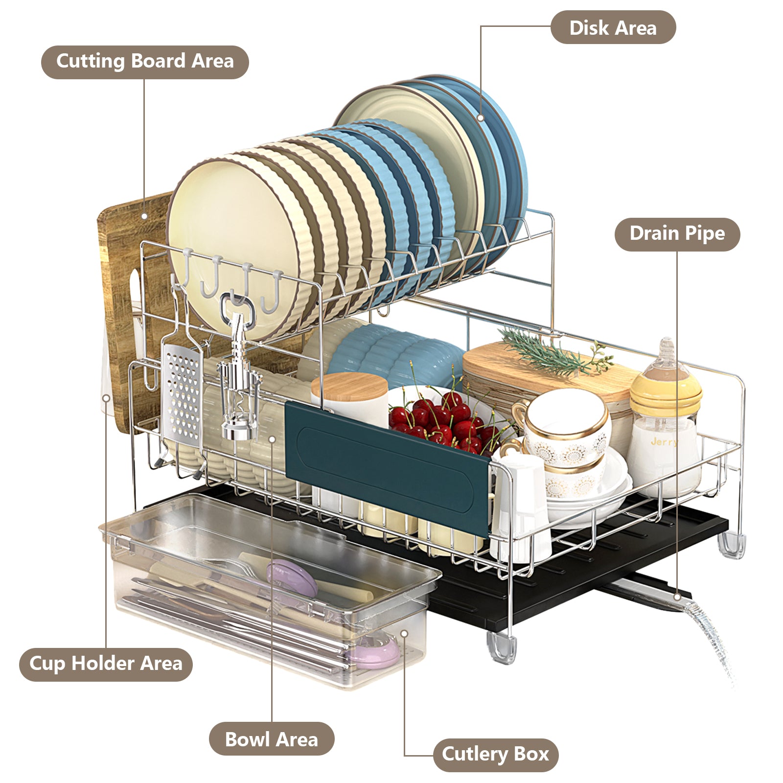2-Tier Detachable Stainless Steel Dish Drying Rack with Cutlery Box and Cup Holder