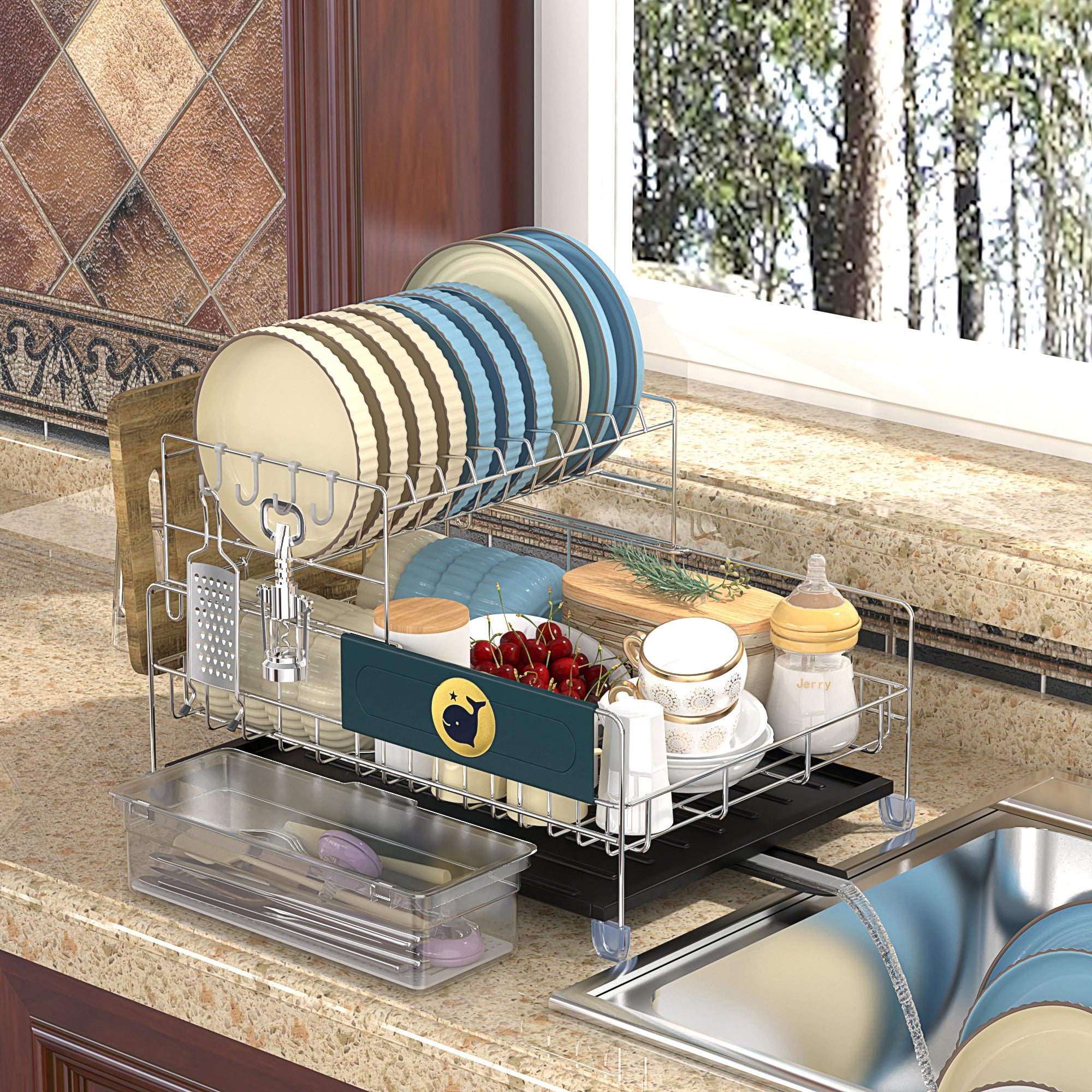 2-Tier Detachable Dish Drying Rack with Cutlery Box and Cup Holder