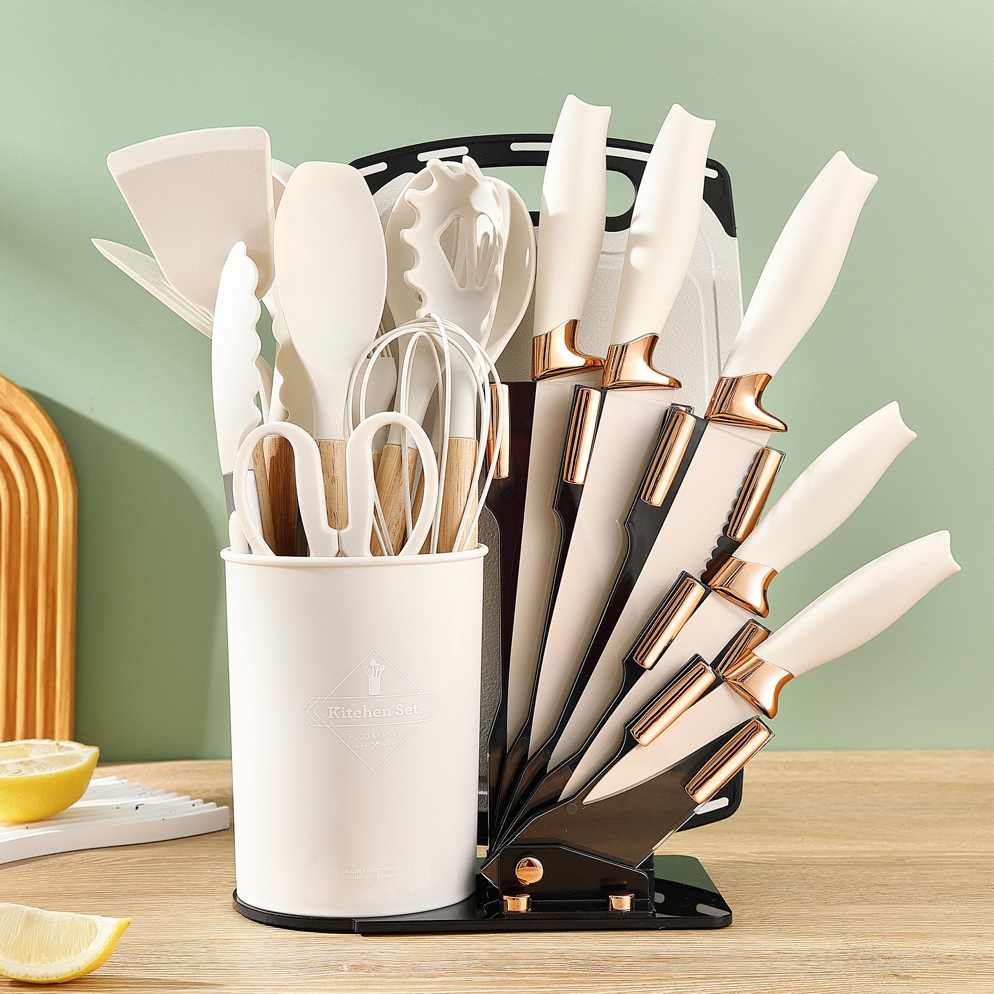 SUGIFT 19-Piece Silicone Kitchen Utensils Set and Knives Set with Block