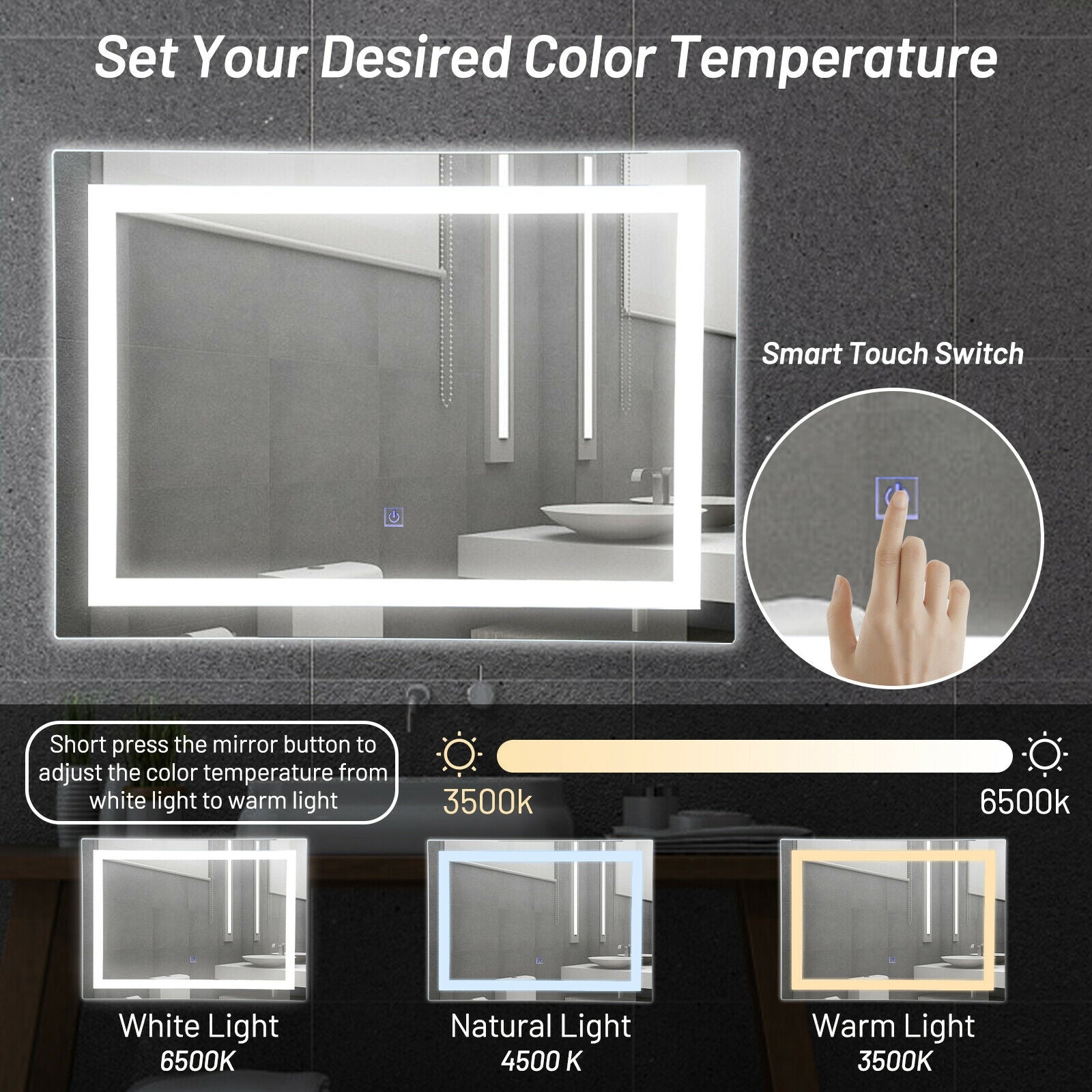 27.5 Inch LED Wall-Mounted Rect Bathroom Mirror with Touch
