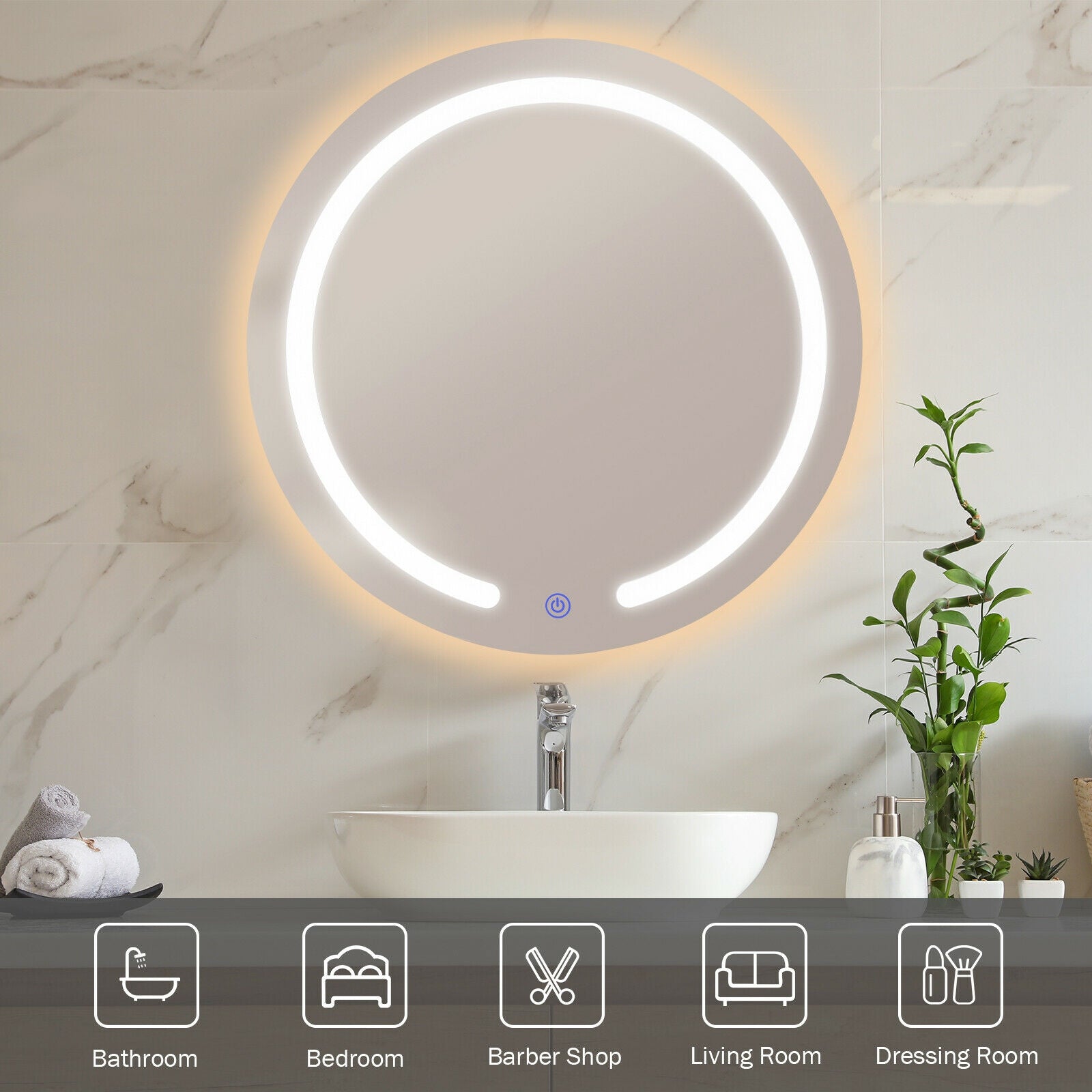 20 Inch LED Touch Button Wall Mount Bathroom Round Mirror