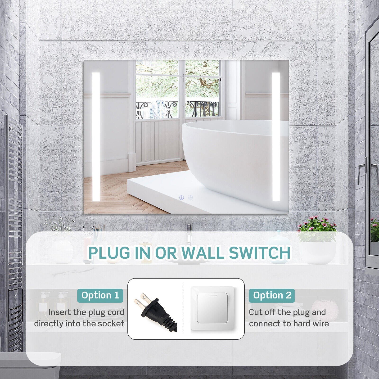 32 x 24 Inch Quadrate Wall Mirror with 3-Color Lights and Anti-Fog Function