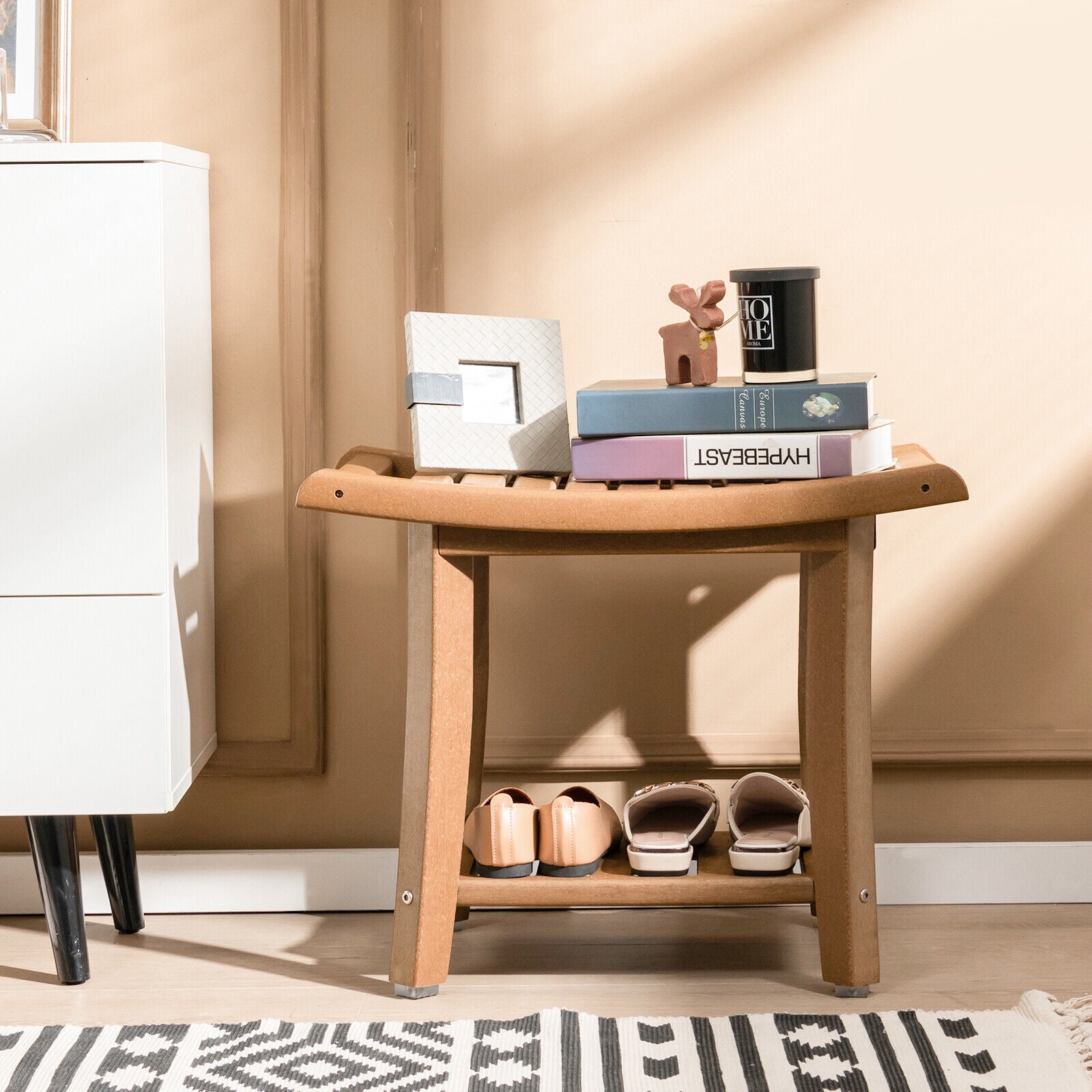 Waterproof Bath Stool with Curved Seat and Storage Shelf