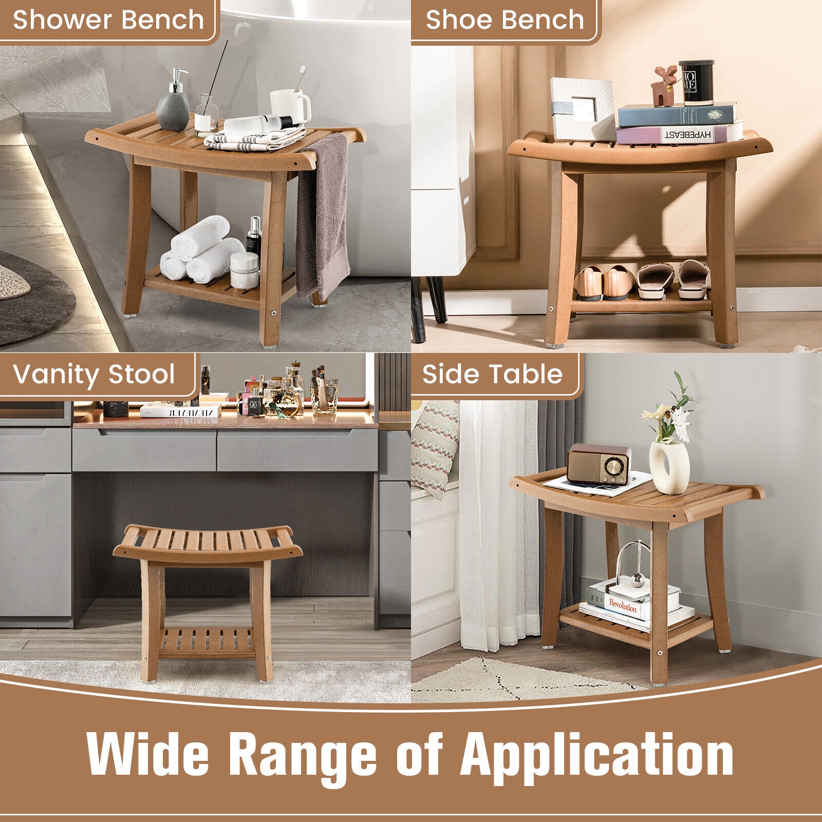 Waterproof Bath Stool with Curved Seat and Storage Shelf
