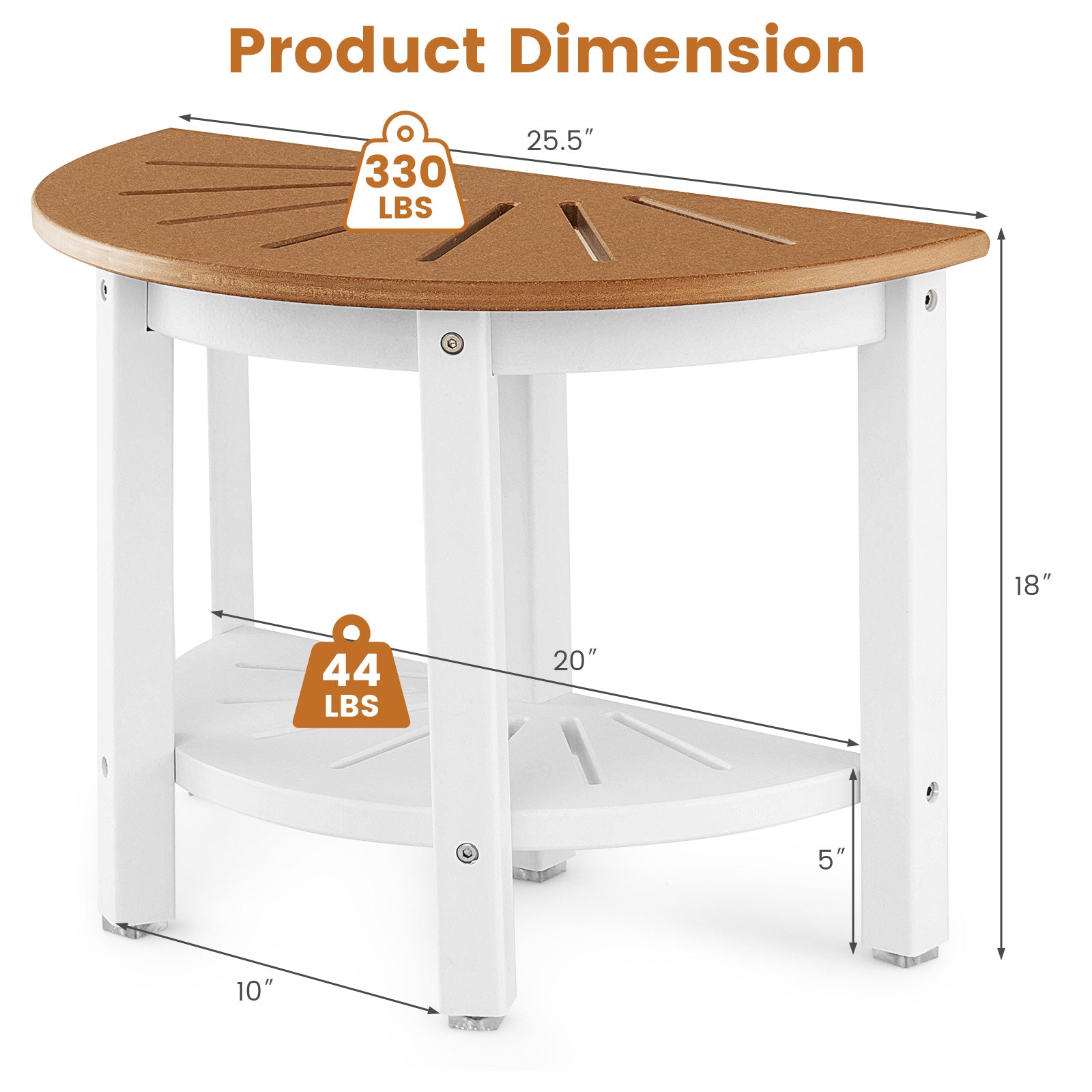 Waterproof HDPE Shower Bench with Semicircular Seat and Storage Shelf